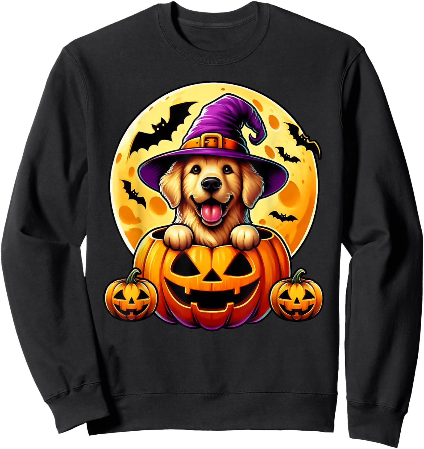 Halloween Golden Retriever Witch Hat Pumpkin Dog Lover Sweatshirt - Sweatshirt | Black