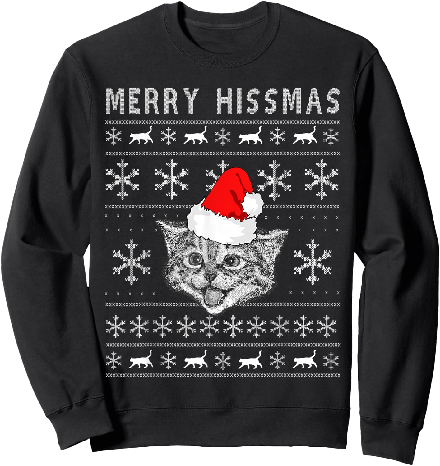 Merry Hissmas Ugly Christmas Cat Wearing Santa Hat Men Women Kids Sweatshirt - Sweatshirt | Black