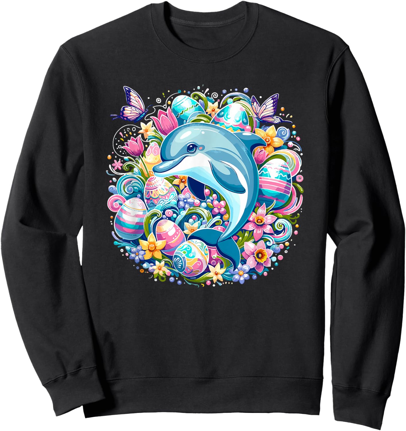 Easter Festive Illustration With Charming Dolphin Artwork Sweatshirt - Sweatshirt | Black