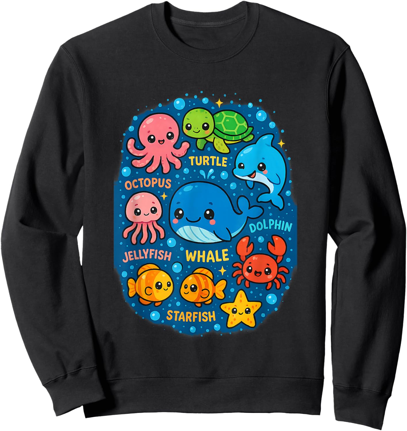 Kawaii Ocean Friends Whale & Sea Creatures Circle Cute Sweatshirt - Sweatshirt | Black