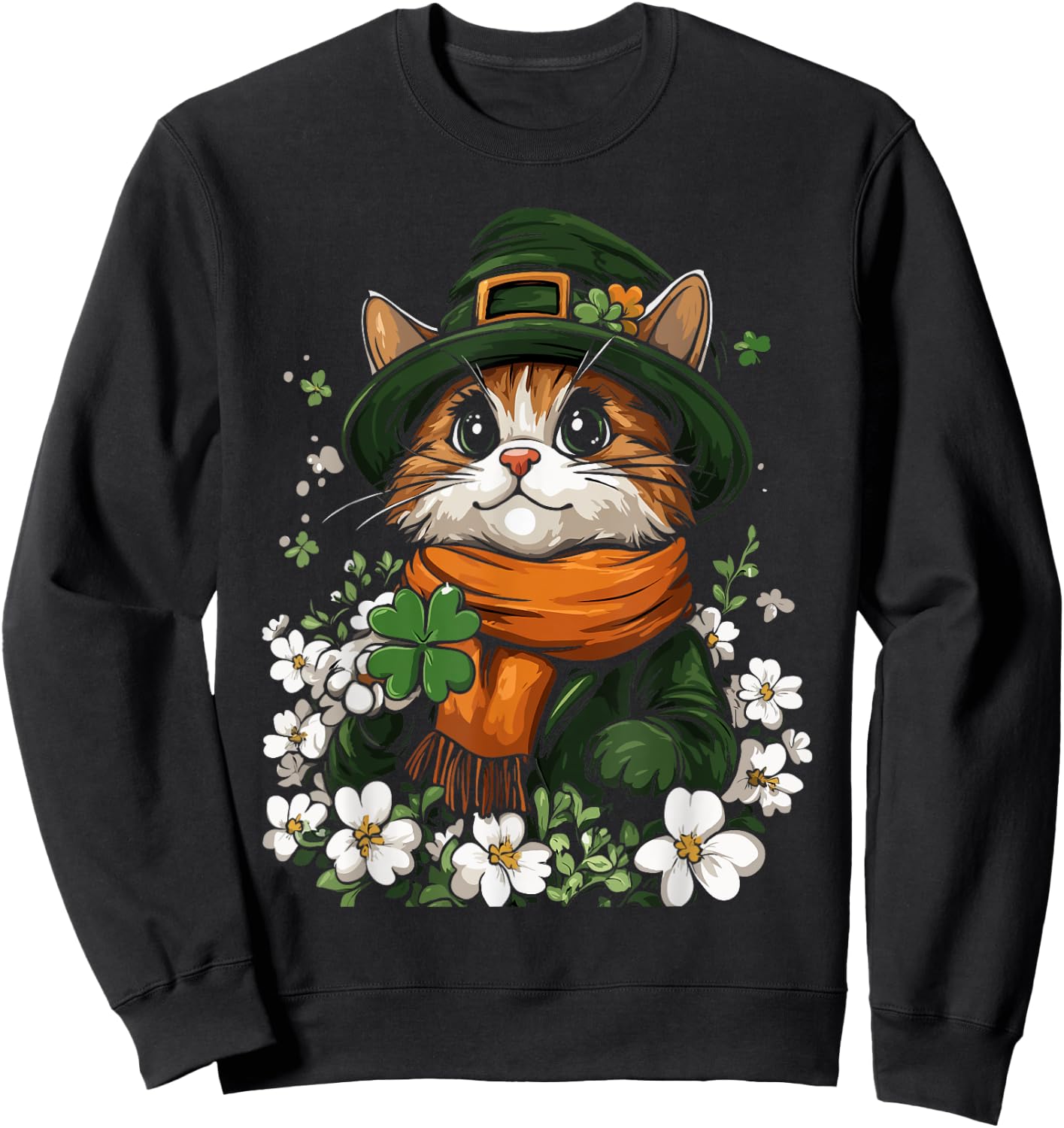 Leprechaun Cat Shamrock Girls Boys Kids St Patricks Day Cat Sweatshirt - Sweatshirt | Black