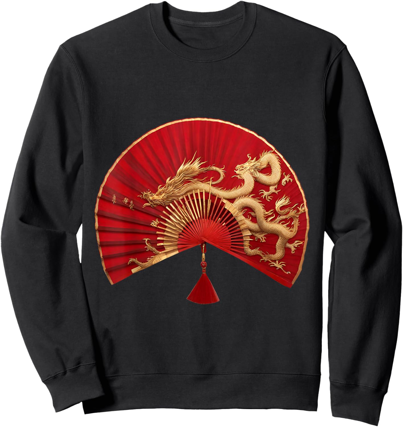 Chinese Asian red gold fan dragons Gift mom Sweatshirt - Sweatshirt | Black