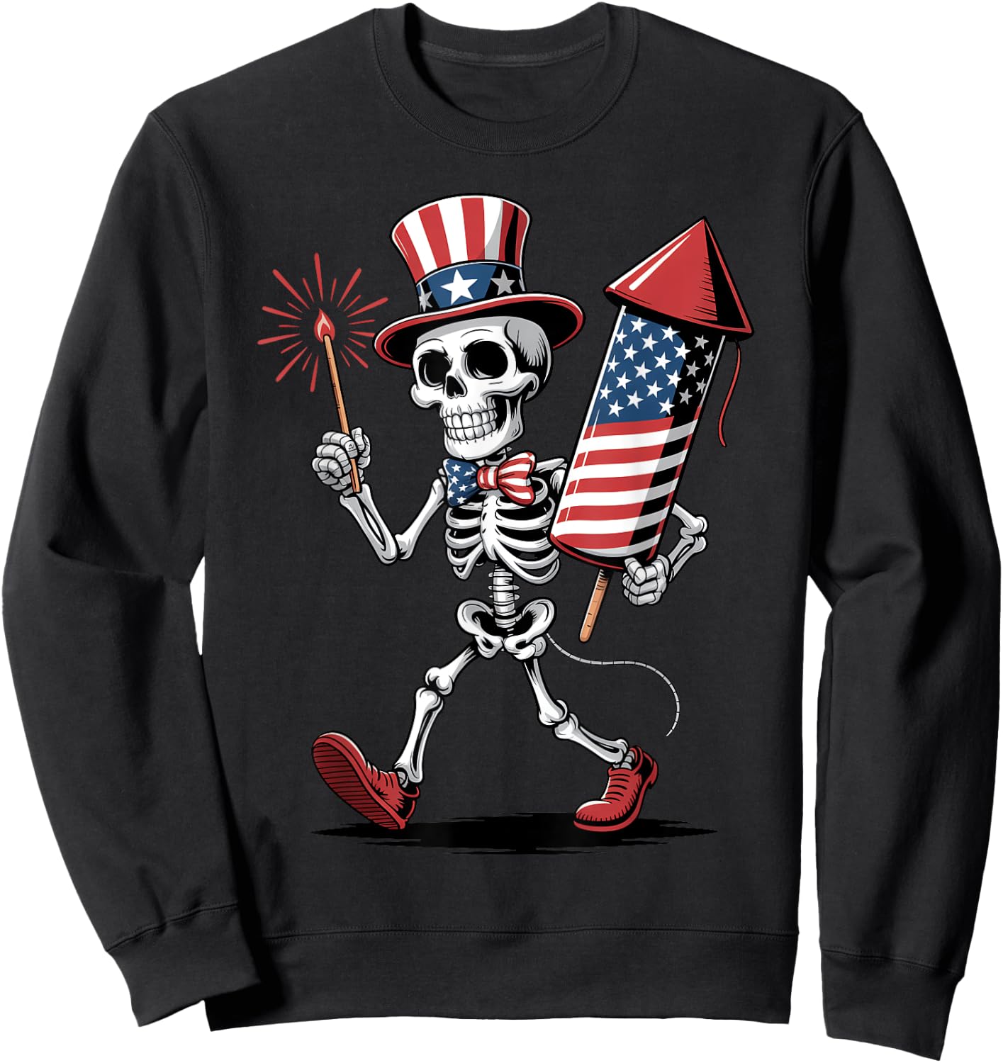 Happy 4th Of July Skeleton Holding Fireworks American Flag Sweatshirt - Sweatshirt | Black