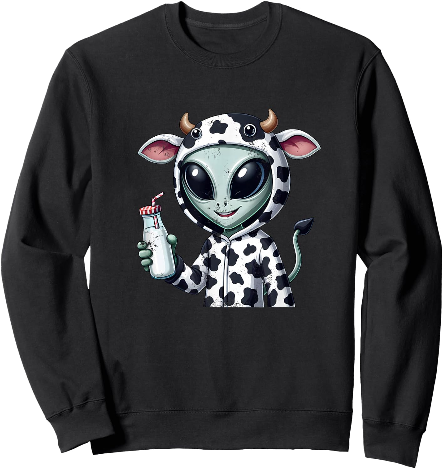 Alien in Cow Costume Holding Fresh Milk Sweatshirt - Sweatshirt | Black
