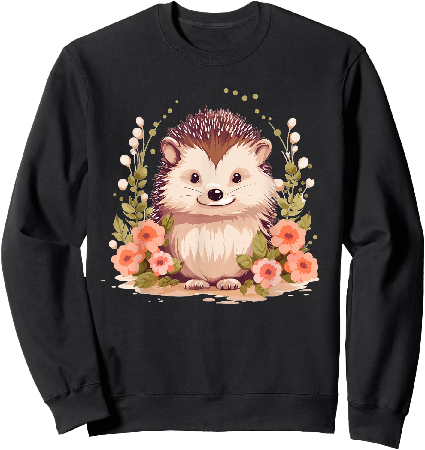 Cute Hedgehog With Flowers I Hedgehog Sweatshirt - Sweatshirt | Black