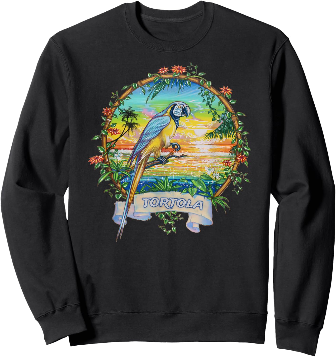 Tortola, BVI Vintage Tropical Parrot Vacation Sweatshirt - Sweatshirt | Black