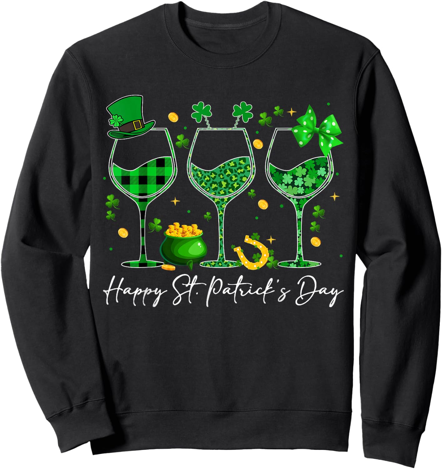 Wine St Patricks Day Leopard Green Shamrock Wine Glasses Sweatshirt - Sweatshirt | Black