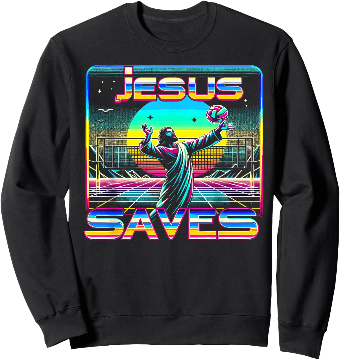 80s Vaporwave Jesus Saves Volleyball Sweatshirt - Sweatshirt | Black