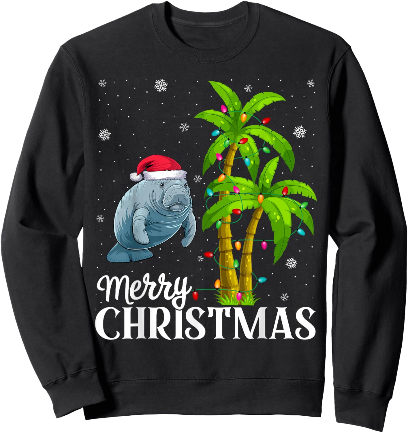 Manatee Lovers Men Women Christmas Tree Lights Beach Sweatshirt - Sweatshirt | Black