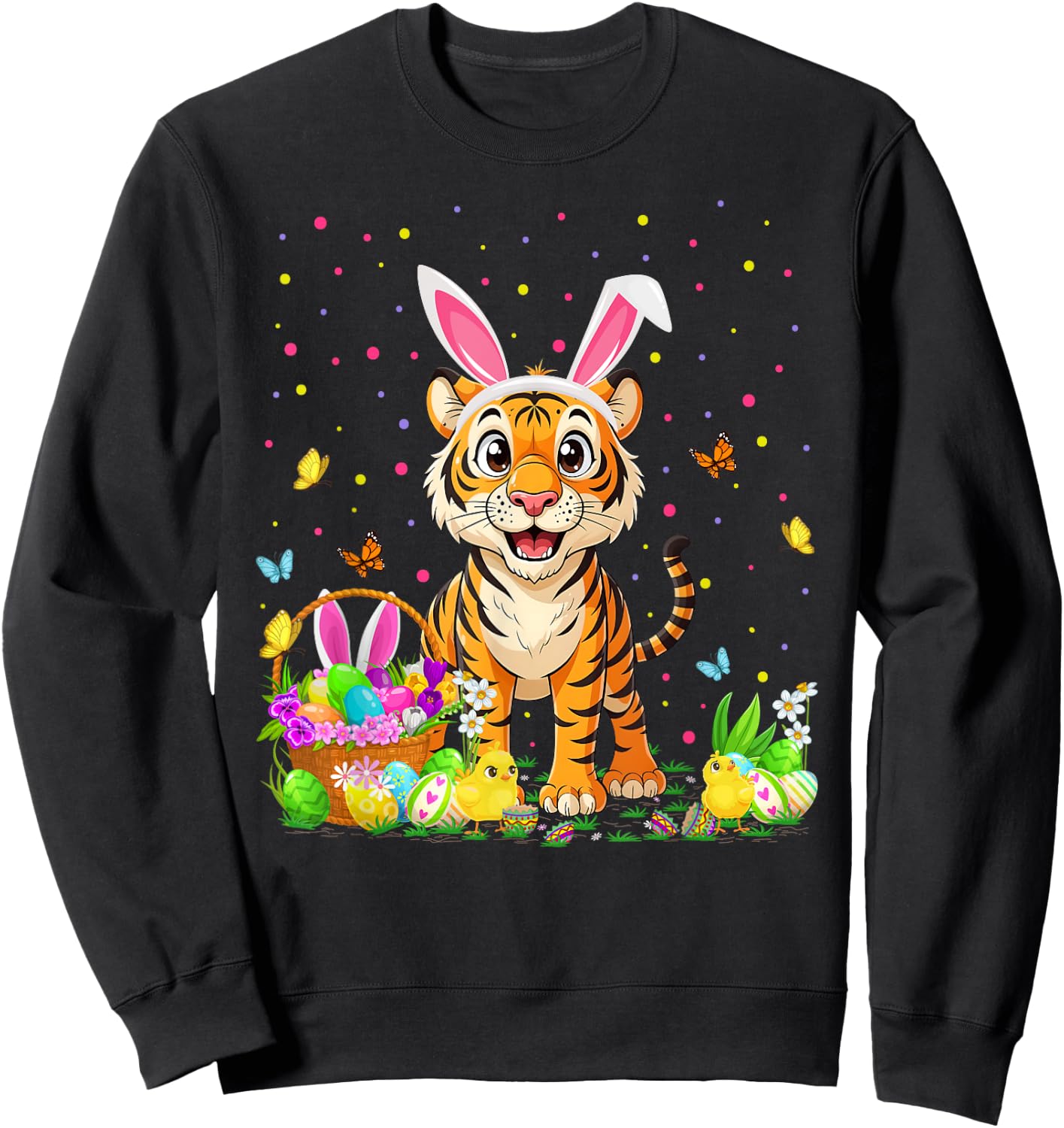 Tiger Easter Egg Hunt Bunny Ear Tiger Happy Easter Sweatshirt - Sweatshirt | Black