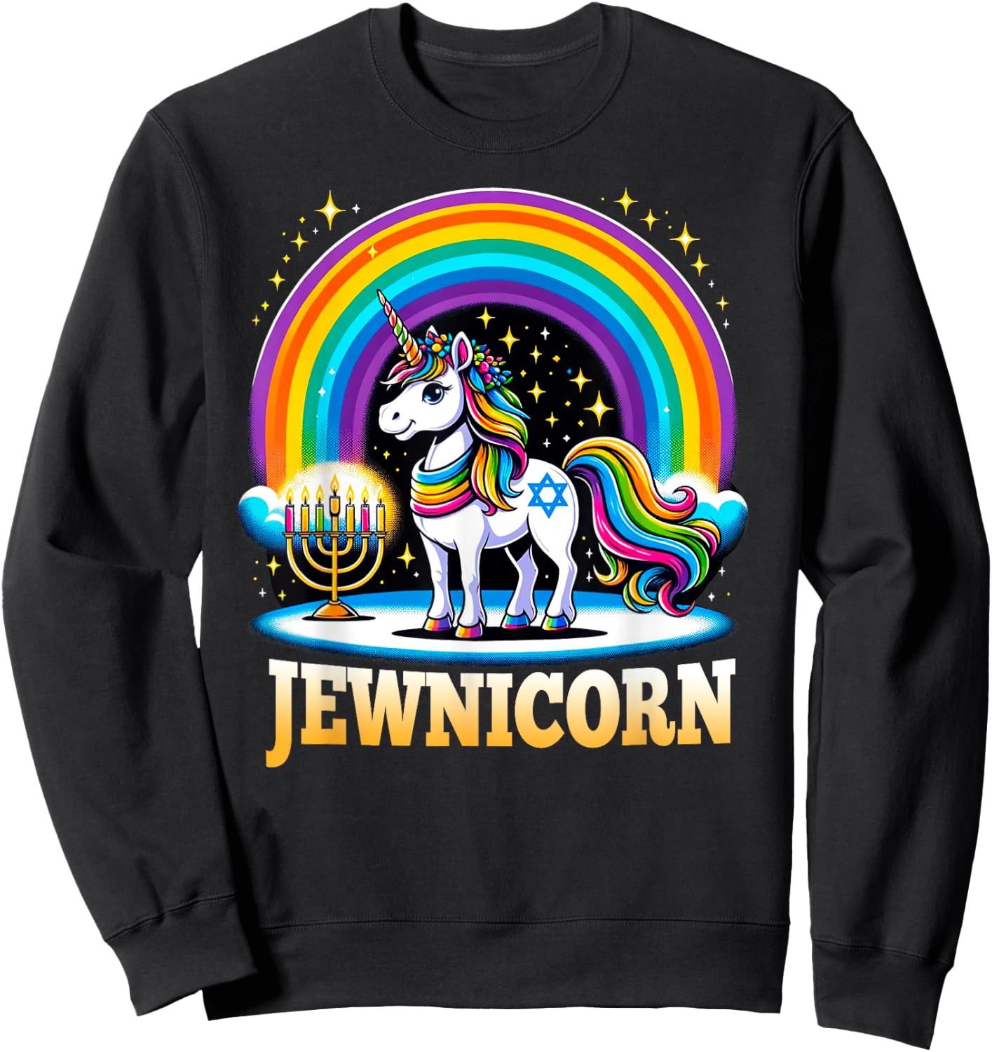 Jewnicorn Jewish Pride Unicorn Menorah Rainbow Sweatshirt - Sweatshirt | Black