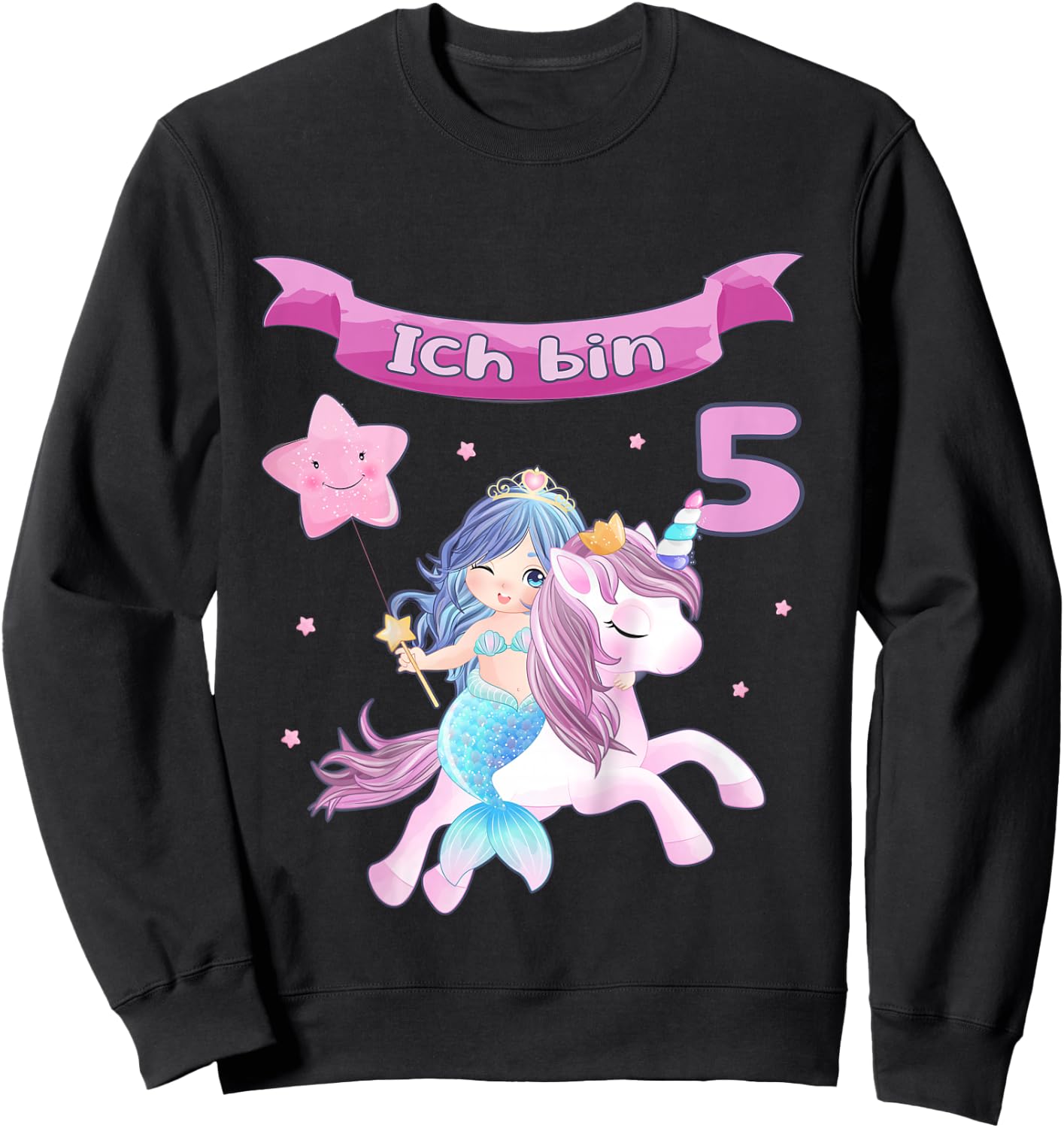 Children's 5th Birthday - Unicorn and Mermaid Girl 5 Years Sweatshirt - Sweatshirt | Black