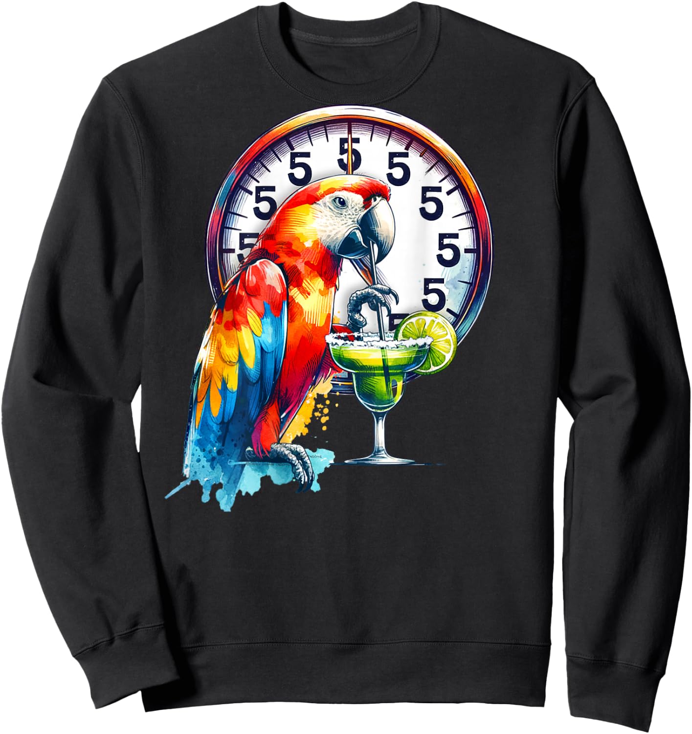 On Back Always 5 O'clock Colorful Parrot Drinking Margarita Sweatshirt - Sweatshirt | Black