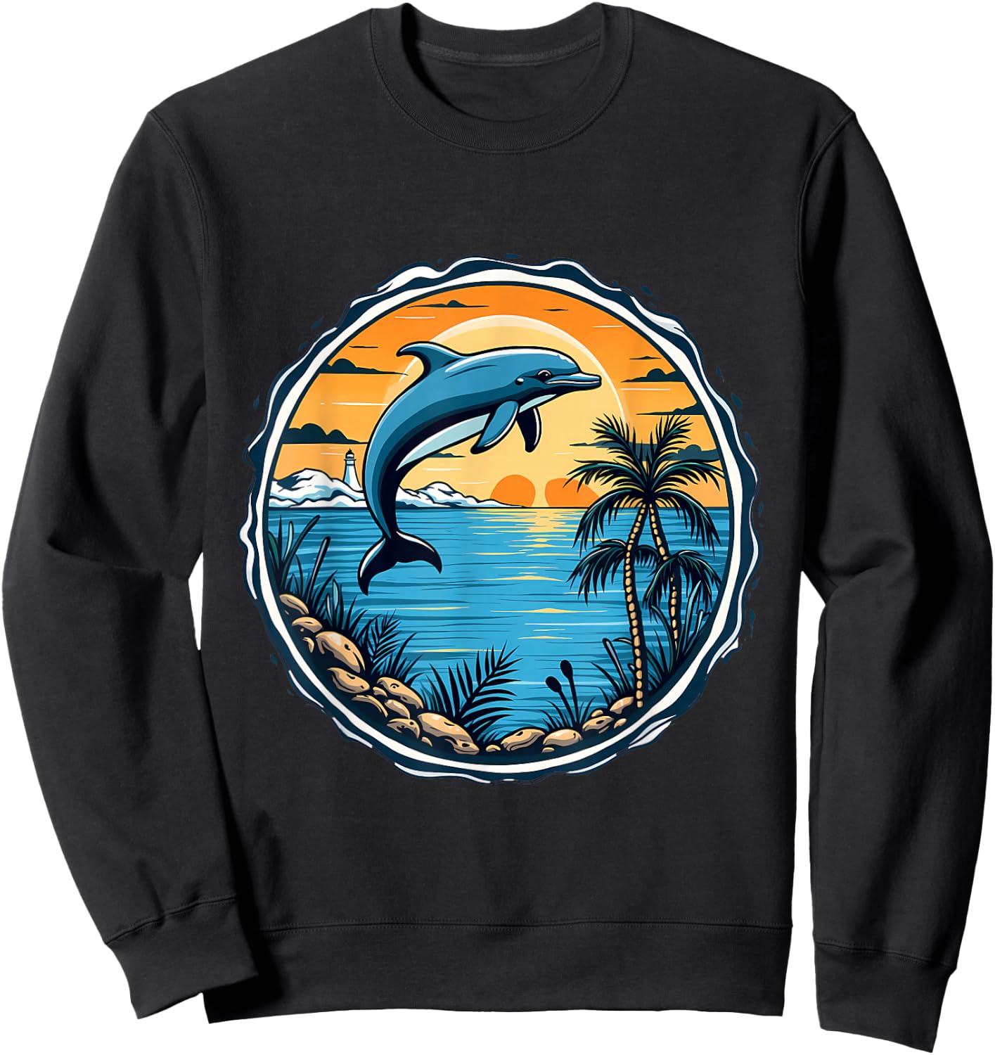 Dolphin Sunset Scene Ocean Tropical Beach Vibes , Black, S Sweatshirt - Sweatshirt | Black