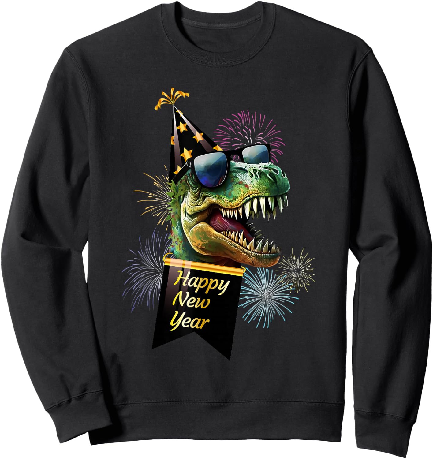 Happy New Year Dinosaur T Rex Sunglasses Fireworks NYE Party Sweatshirt - Sweatshirt | Black
