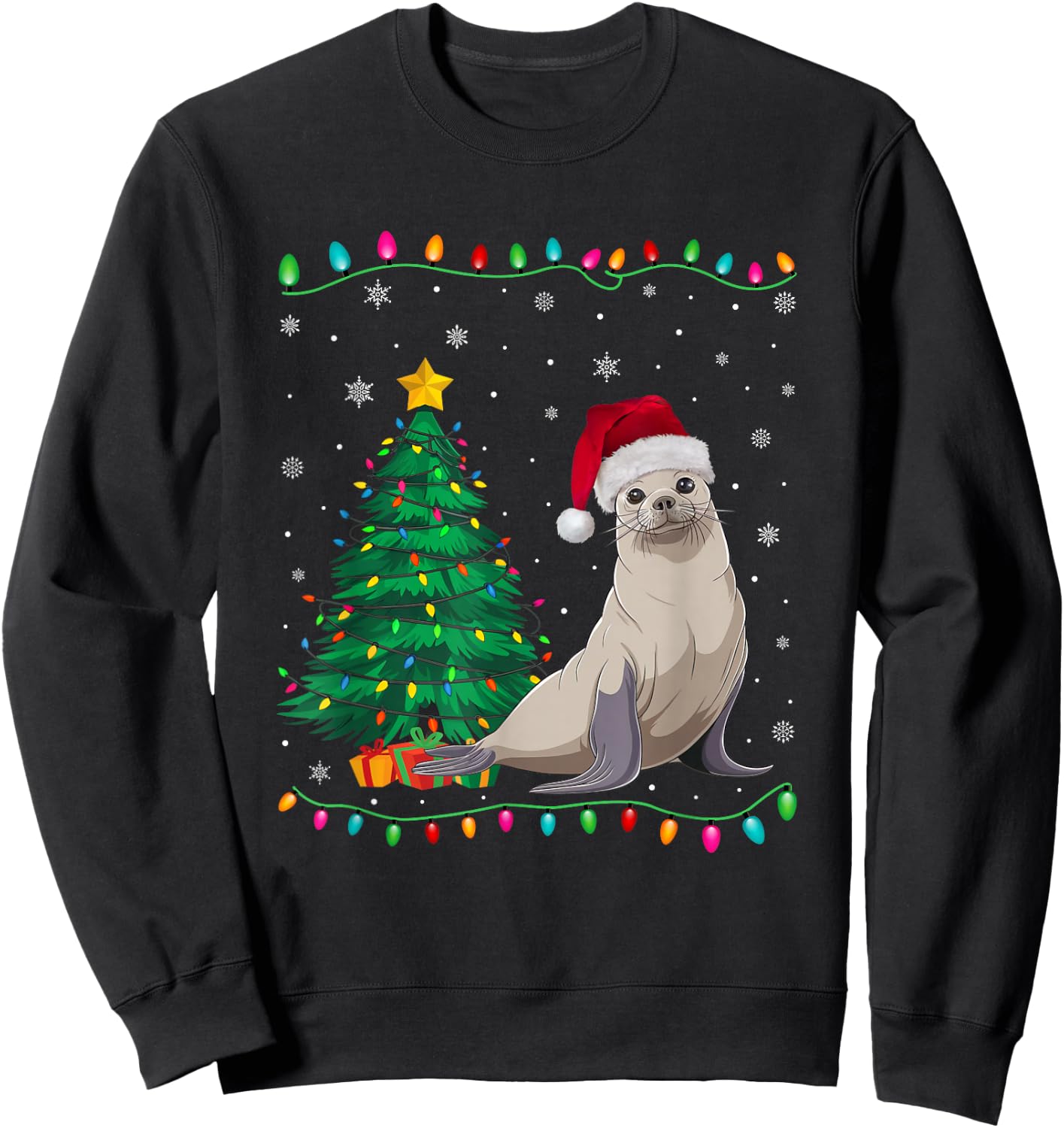 Seal Santa Hat Men Women Kids Christmas Tree Lights Sweatshirt - Sweatshirt | Black