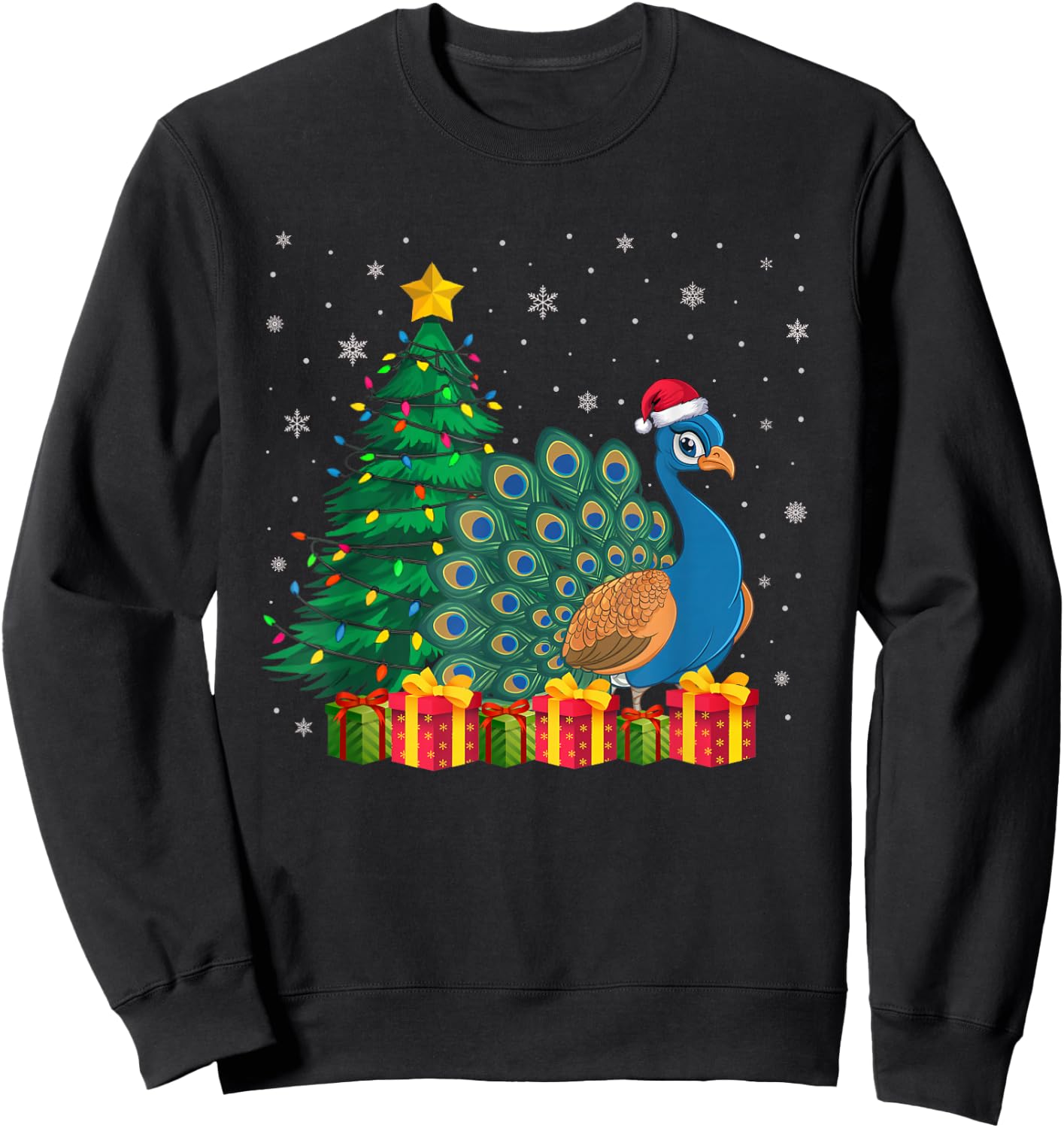 Ugly Peacock Santa Hat Christmas Tree Lights Pajama Sweatshirt - Sweatshirt | Black