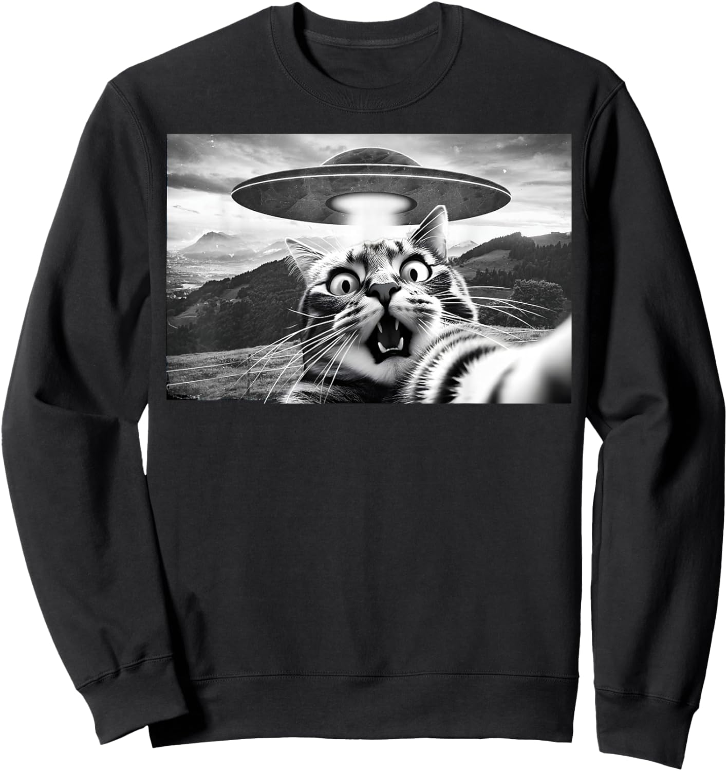 Cat Selfie with UFO Alien Funny Surprised Cat Scared Selfie , Black, S Sweatshirt - Sweatshirt | Black