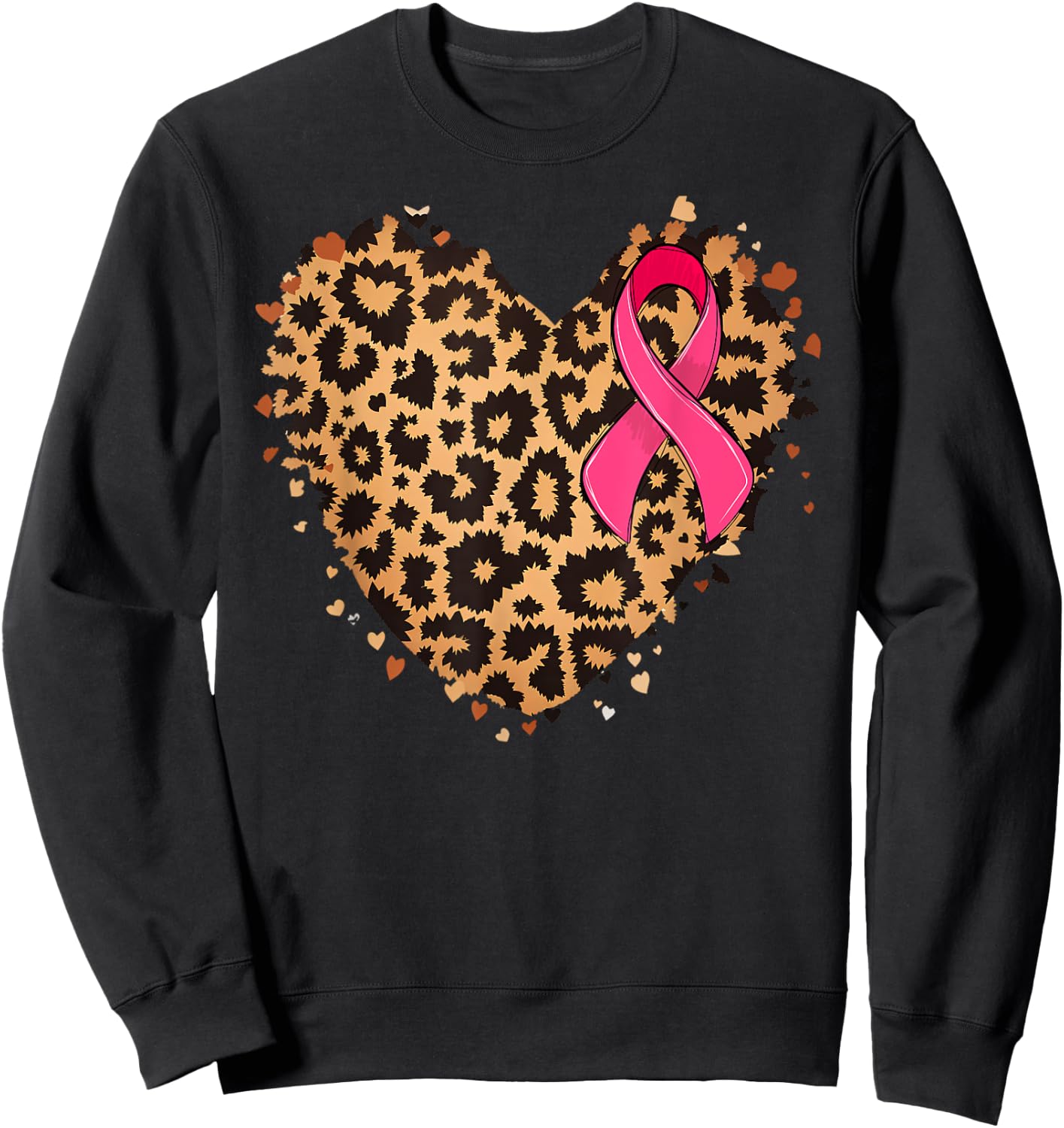 Breast cancer Pink ribbon Cheetah Leopard Heart Print Sweatshirt - Sweatshirt | Black