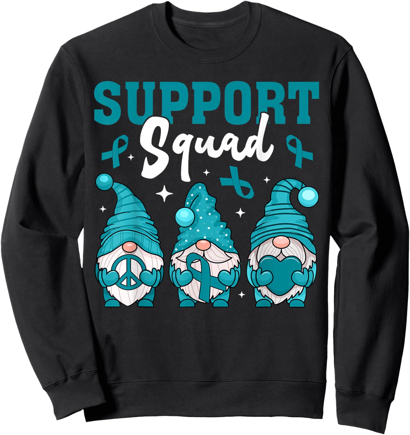 Support Squad Ovarian Cancer Awareness Gnomes & Teal Ribbon Sweatshirt - Sweatshirt | Black
