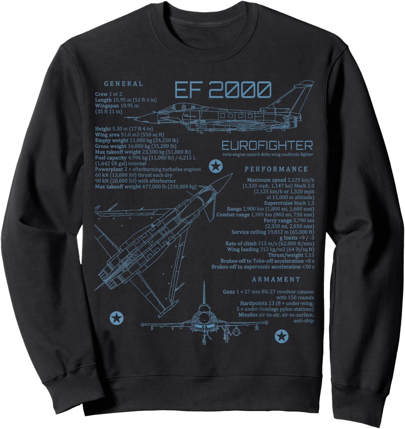 European Military Aviation Airplane Eurofighter EF2000 Typhoon Jet Militärflugzeug für Eurofighter Jet Fans, Schwarz, S, Kurzarm, Klassische Passform, , Erwachsene Sweatshirt - Sweatshirt | Black