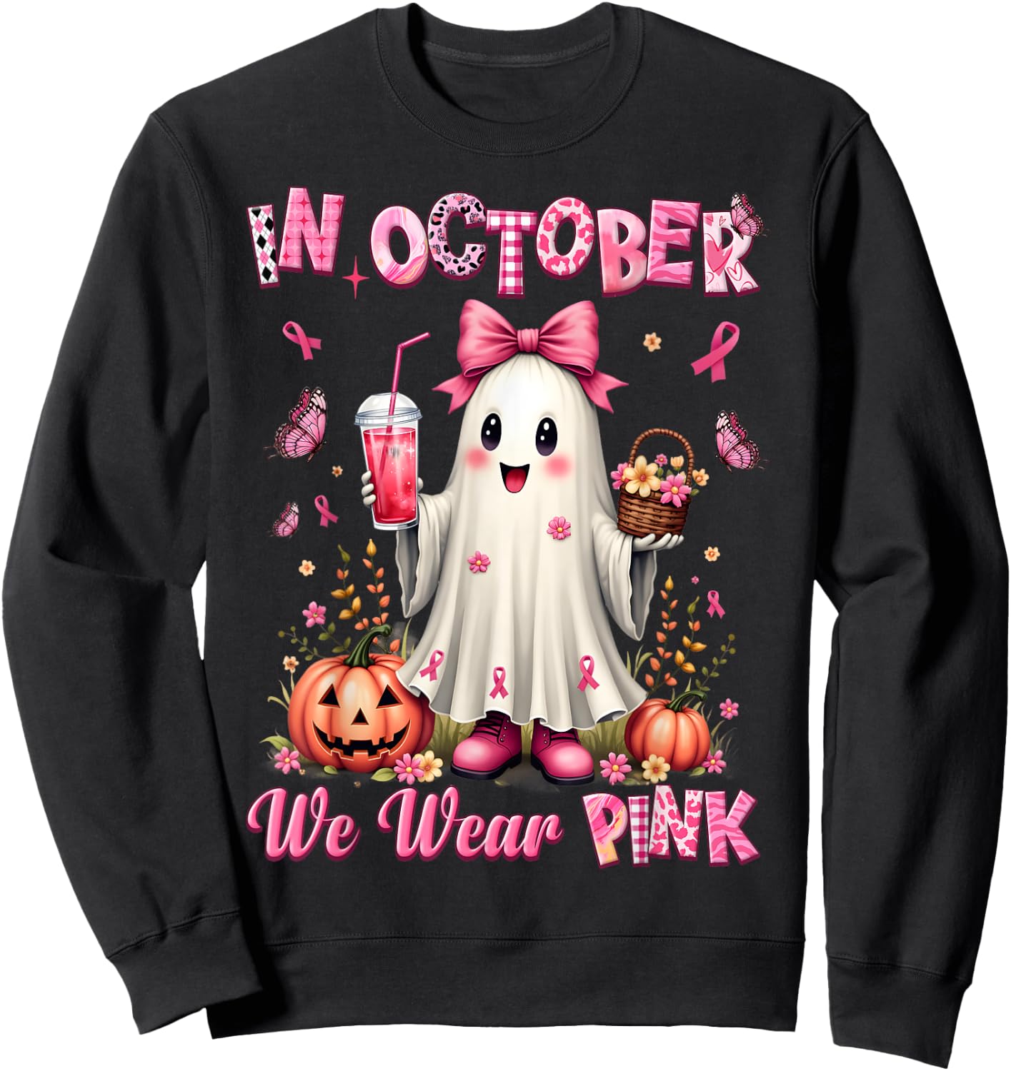 In October We Wear Pink Ghost Breast Cancer Awareness Sweatshirt - Sweatshirt | Black