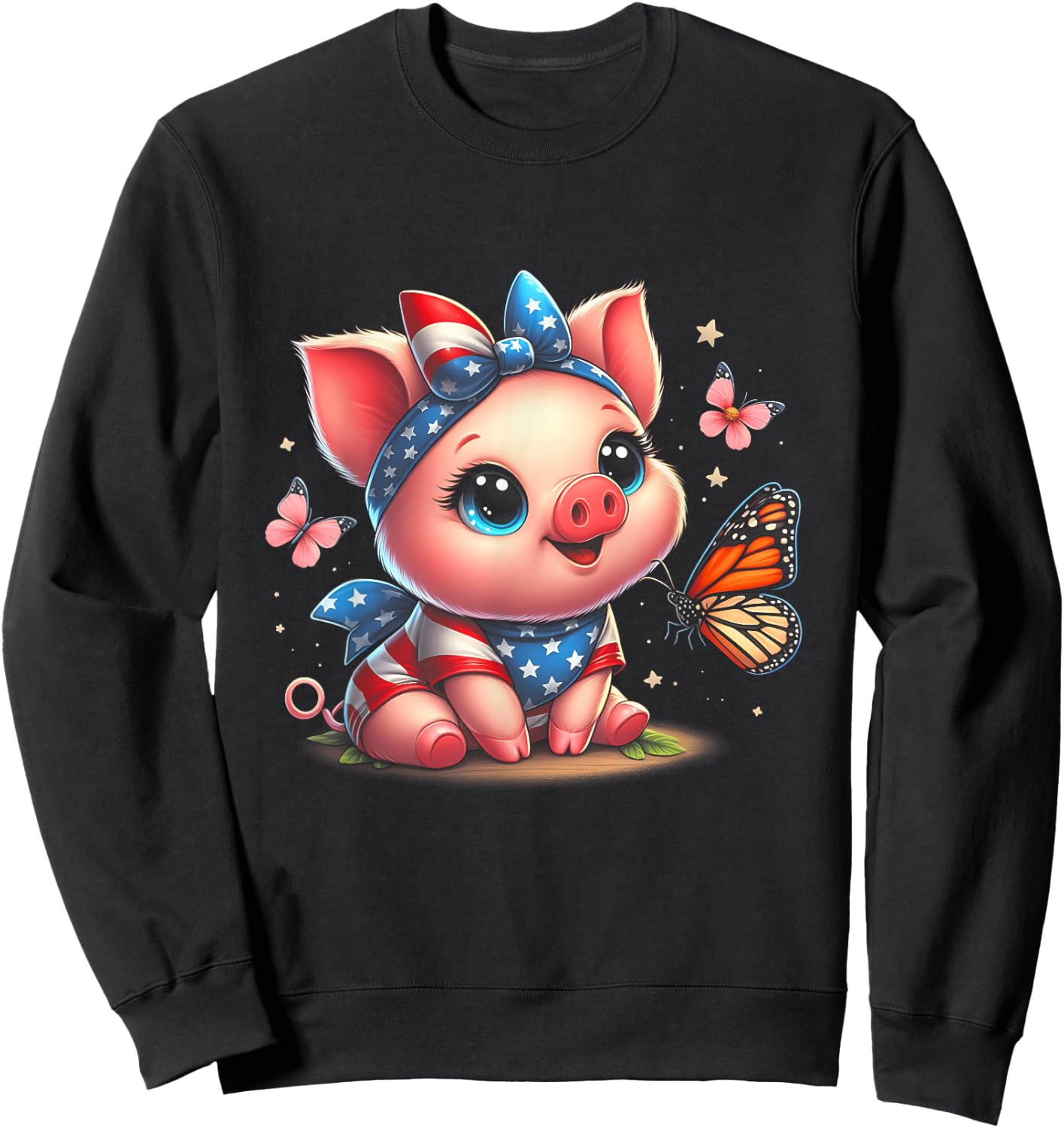 Cute Pig With Bandana Pigs Lover American Flag 4th Of July Sweatshirt - Sweatshirt | Black