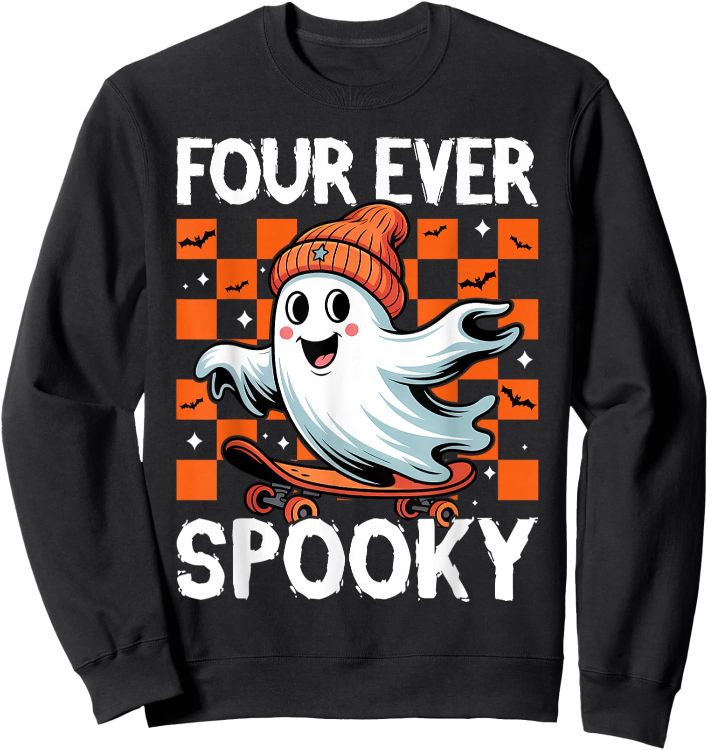 Four Ever Spooky 4th Birthday Halloween Skateboarding Ghost Sweatshirt - Sweatshirt | Black
