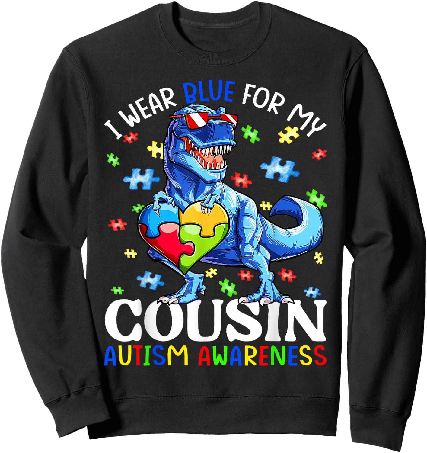 I Wear Blue For My Cousin Autism Awareness Dinosaur Boys Sweatshirt - Sweatshirt | Black