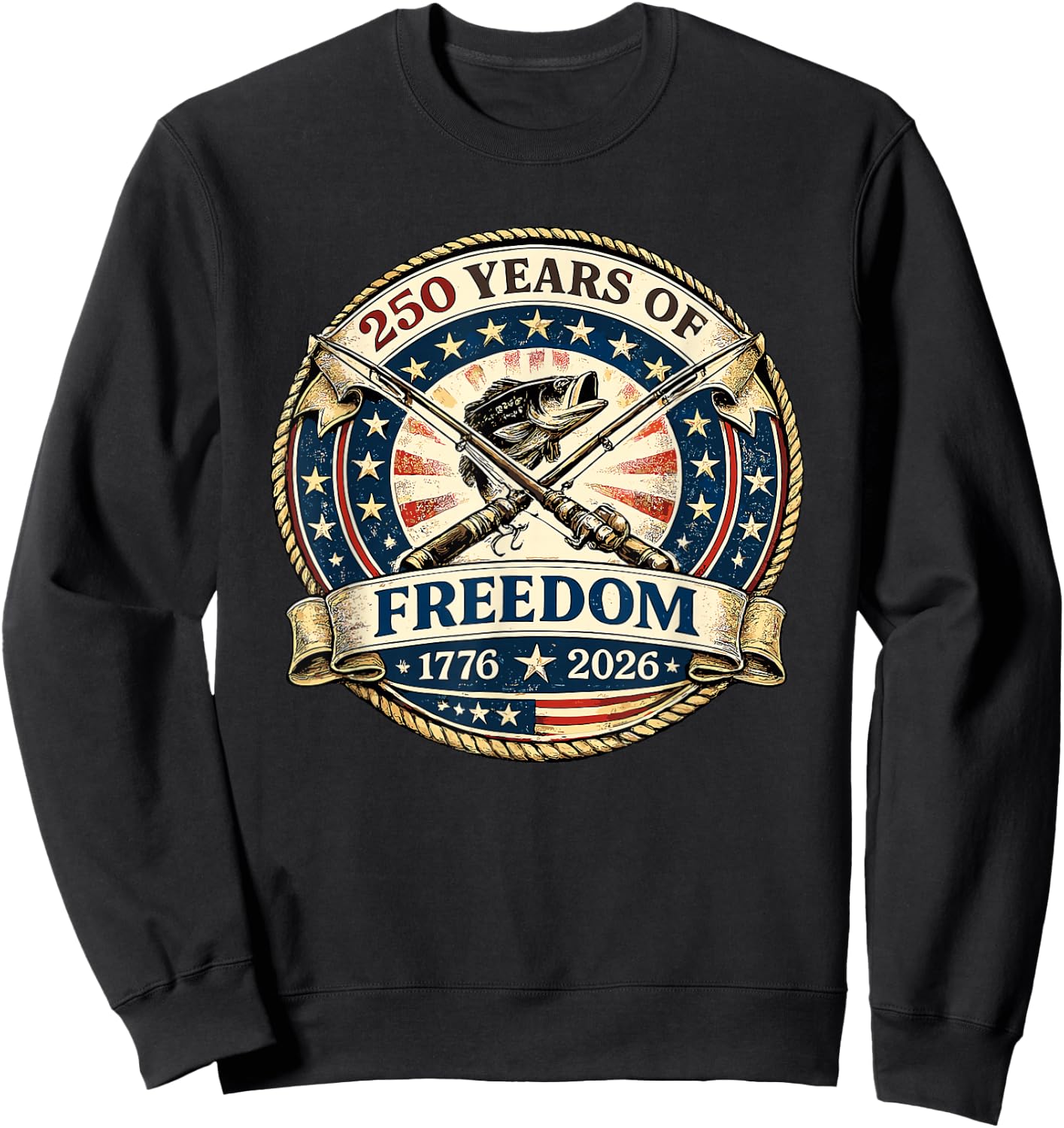 Patriotic Bass Fishing Reels 250 Years of Freedom Fishing Sweatshirt - Sweatshirt | Black