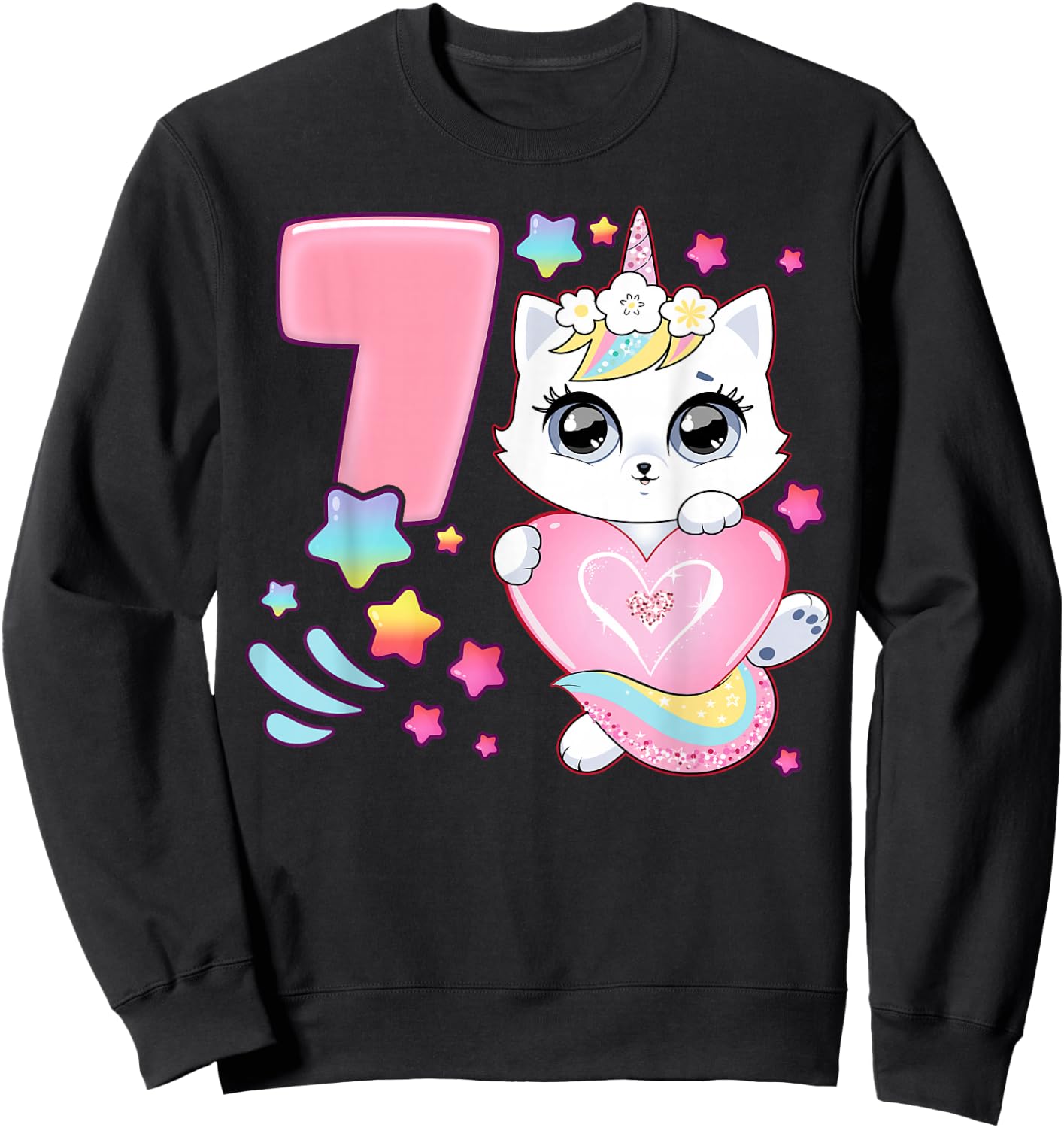 Geburtstag Mädchen 7 Jahre, Katze, Einhorn, 7. Geburtstag Sweatshirt - Sweatshirt | Black