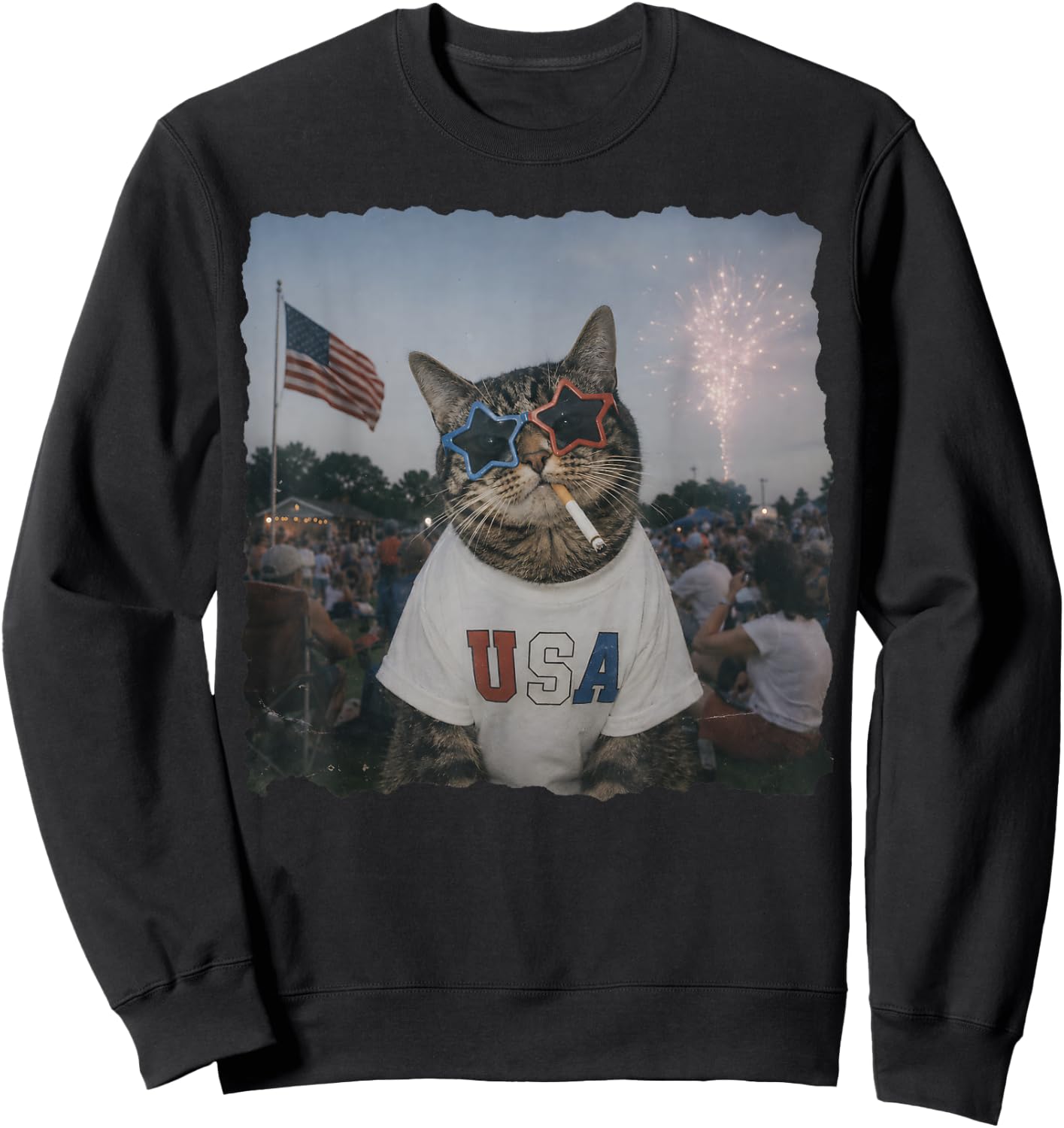 Patriotic Cat Smoking Sunglasses Meme Funny 4th of July Sweatshirt - Sweatshirt | Black