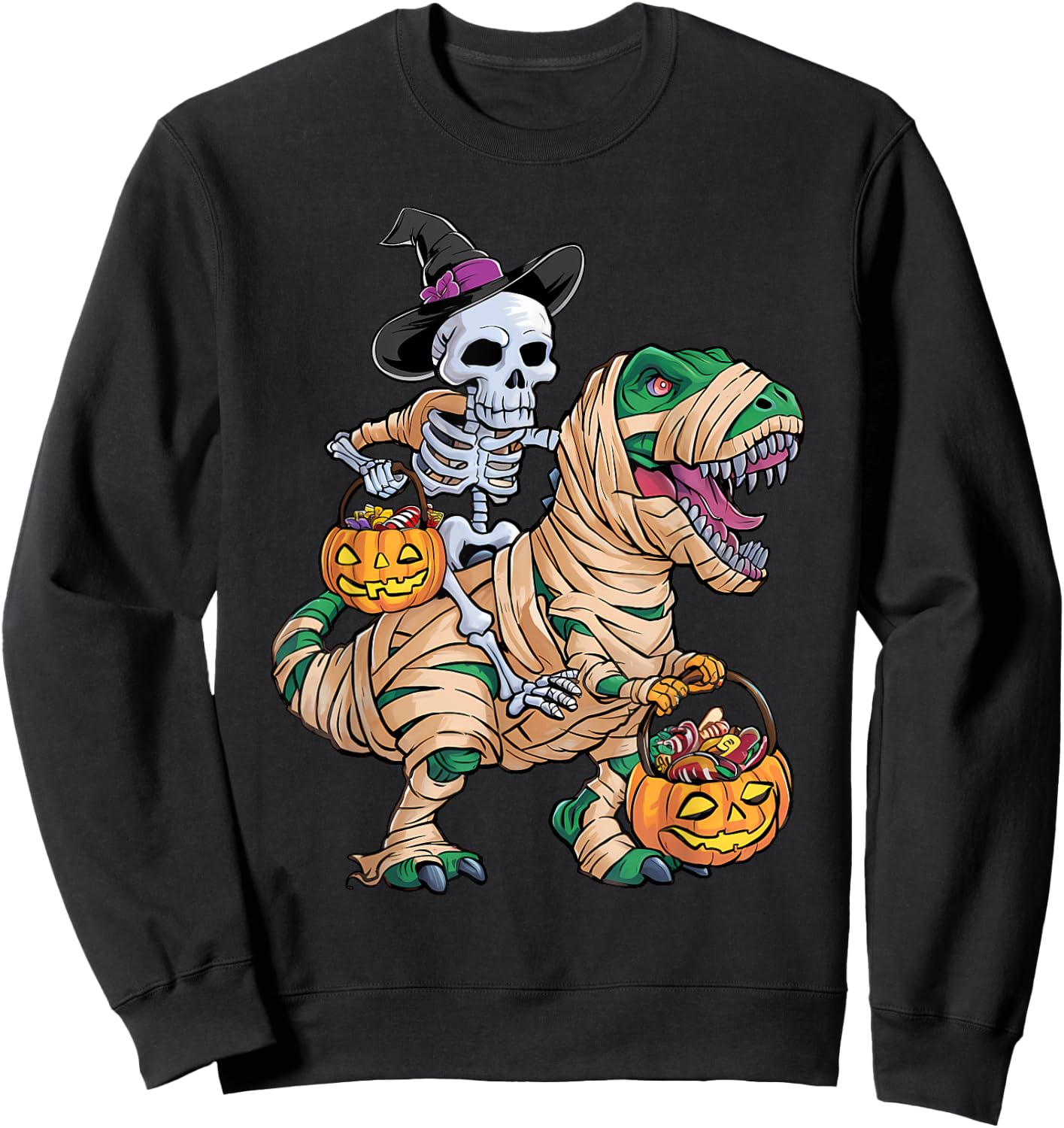 Skeleton Riding Mummy Dinosaur T rex Halloween Funny Kid Boy Sweatshirt - Sweatshirt | Black