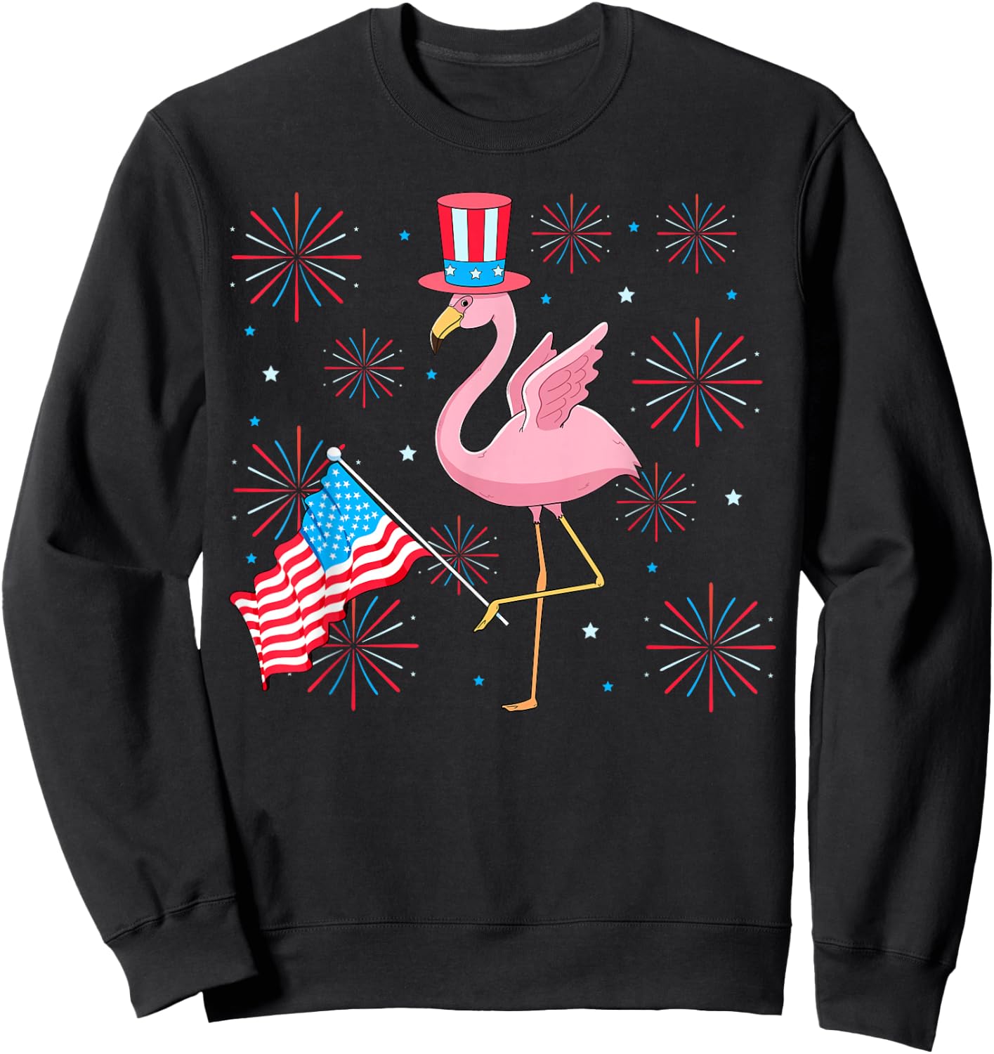 Cute Pink Flamingo 4th of July Patriotic American USA Flag Sweatshirt - Sweatshirt | Black