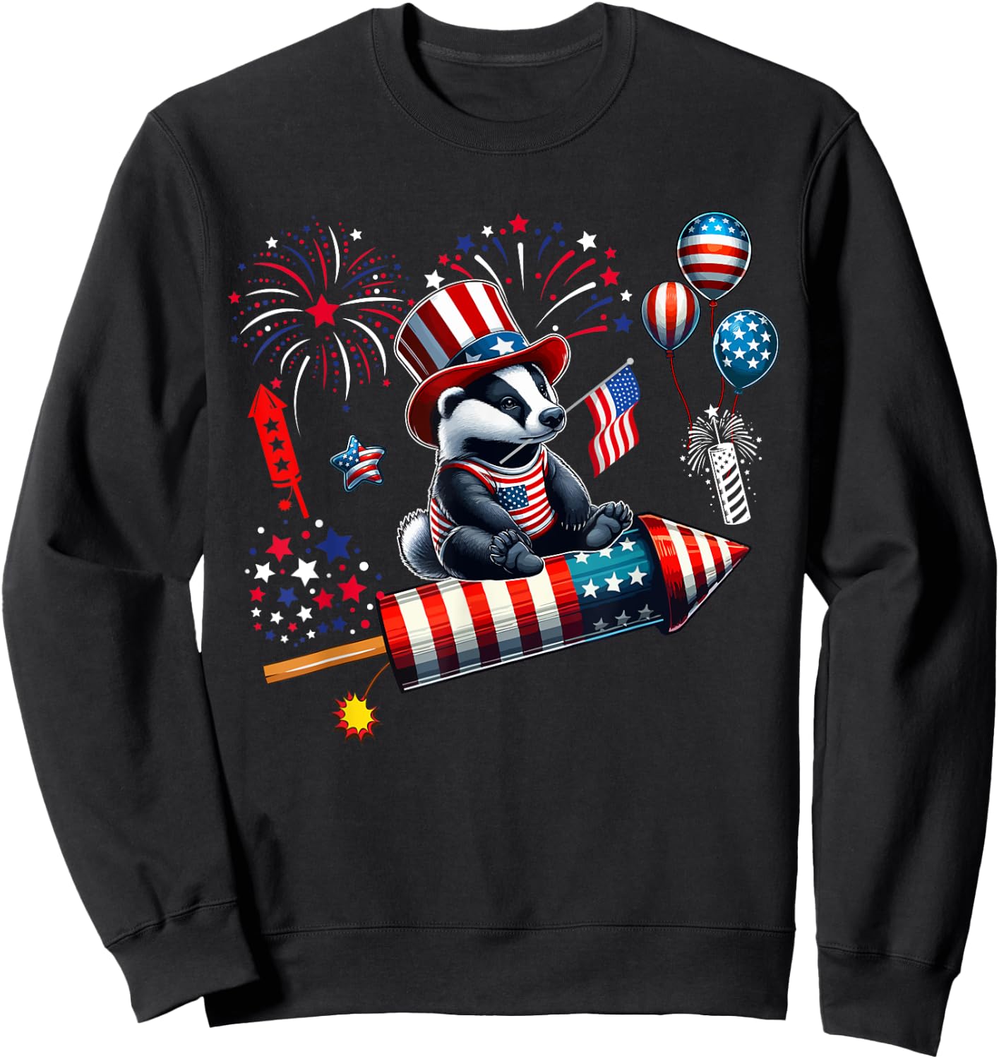 Badger Riding Firecracker US Flag 4th Of July Fireworks Sweatshirt - Sweatshirt | Black