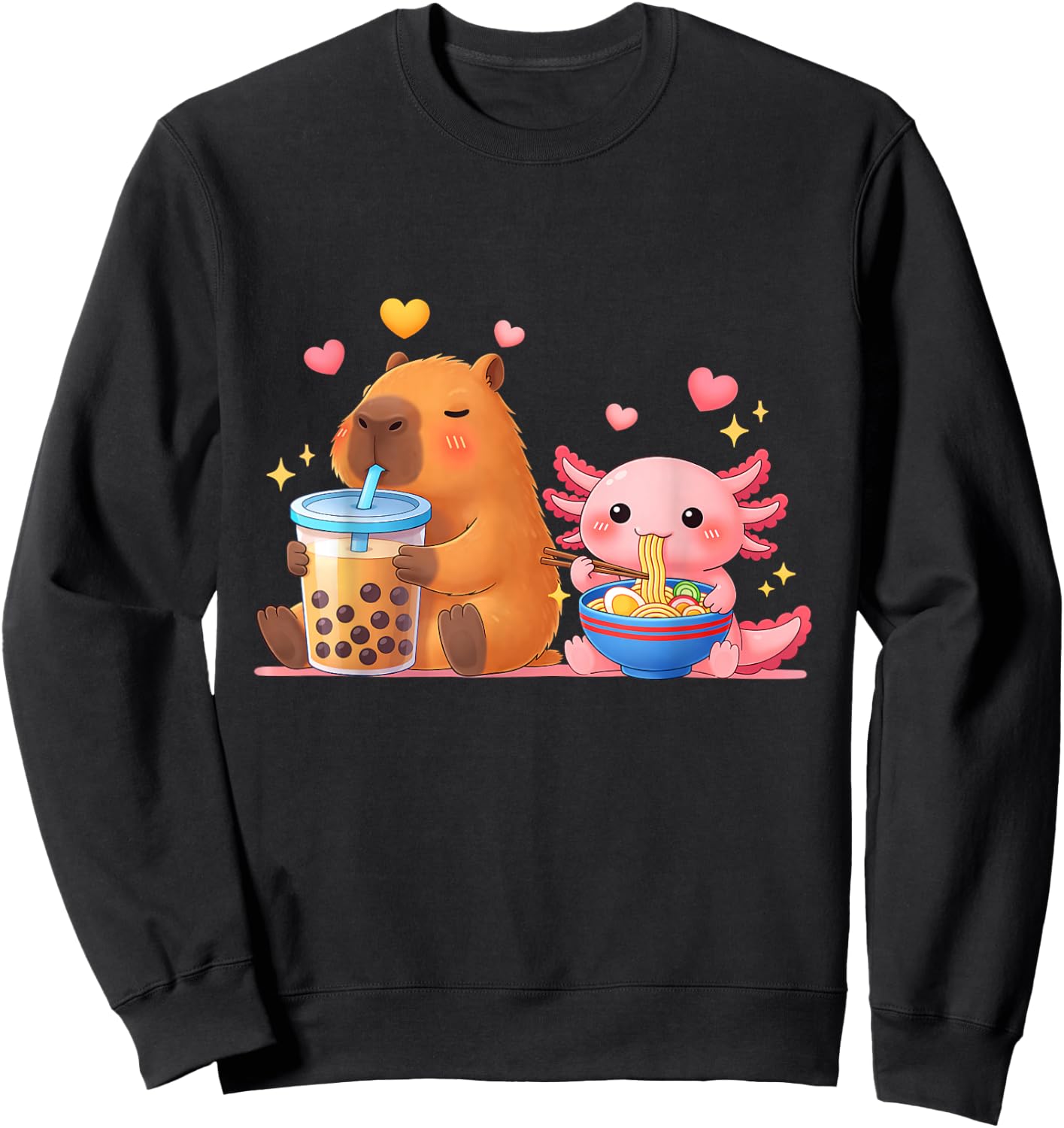 Cute Capybara Drink Boba Tea and Axolotl Eat Ramen Noodles Sweatshirt - Sweatshirt | Black