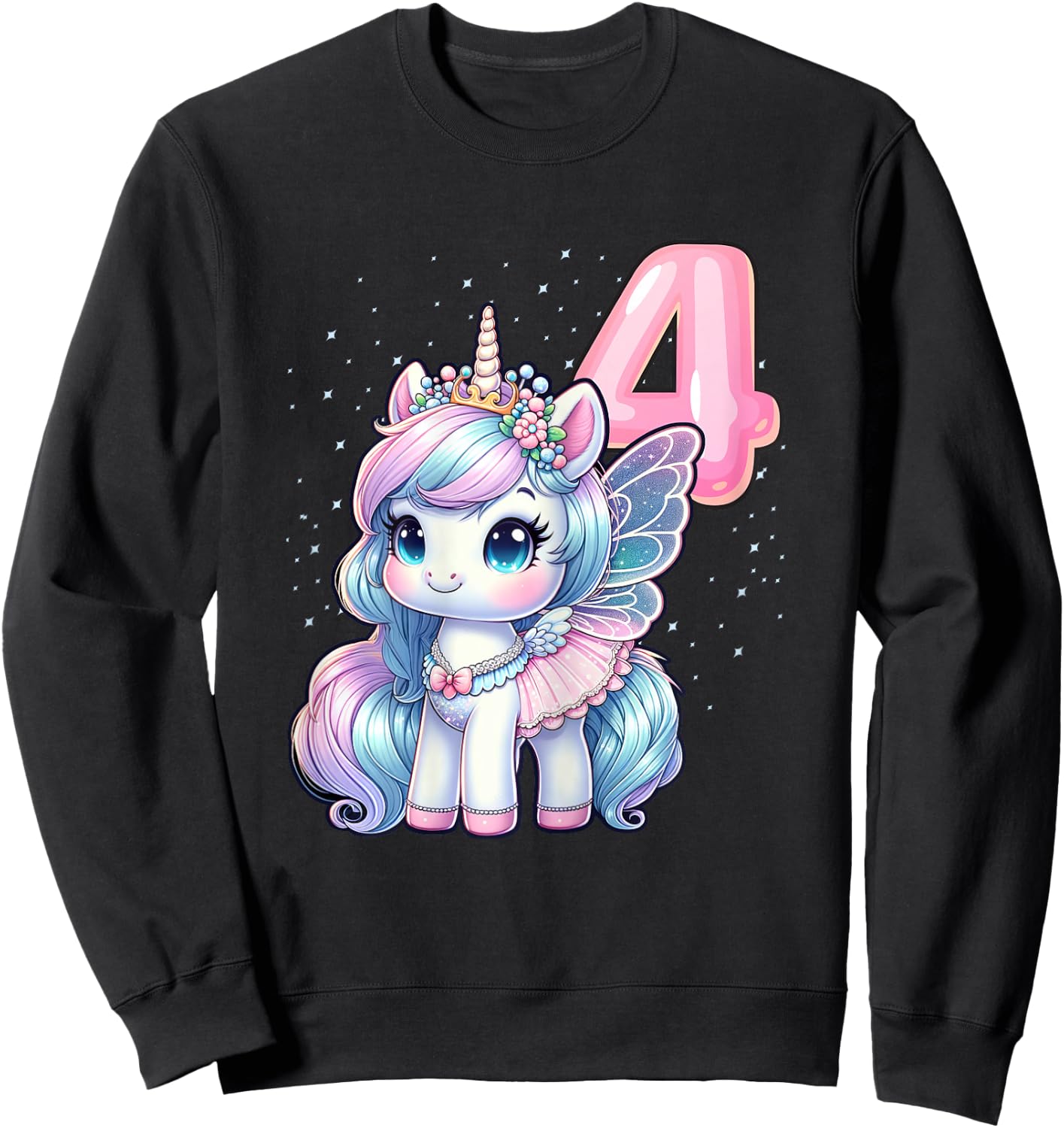 Unicorn Fairy 4th Birthday 4 Year Old Party Girls Outfit Sweatshirt - Sweatshirt | Black