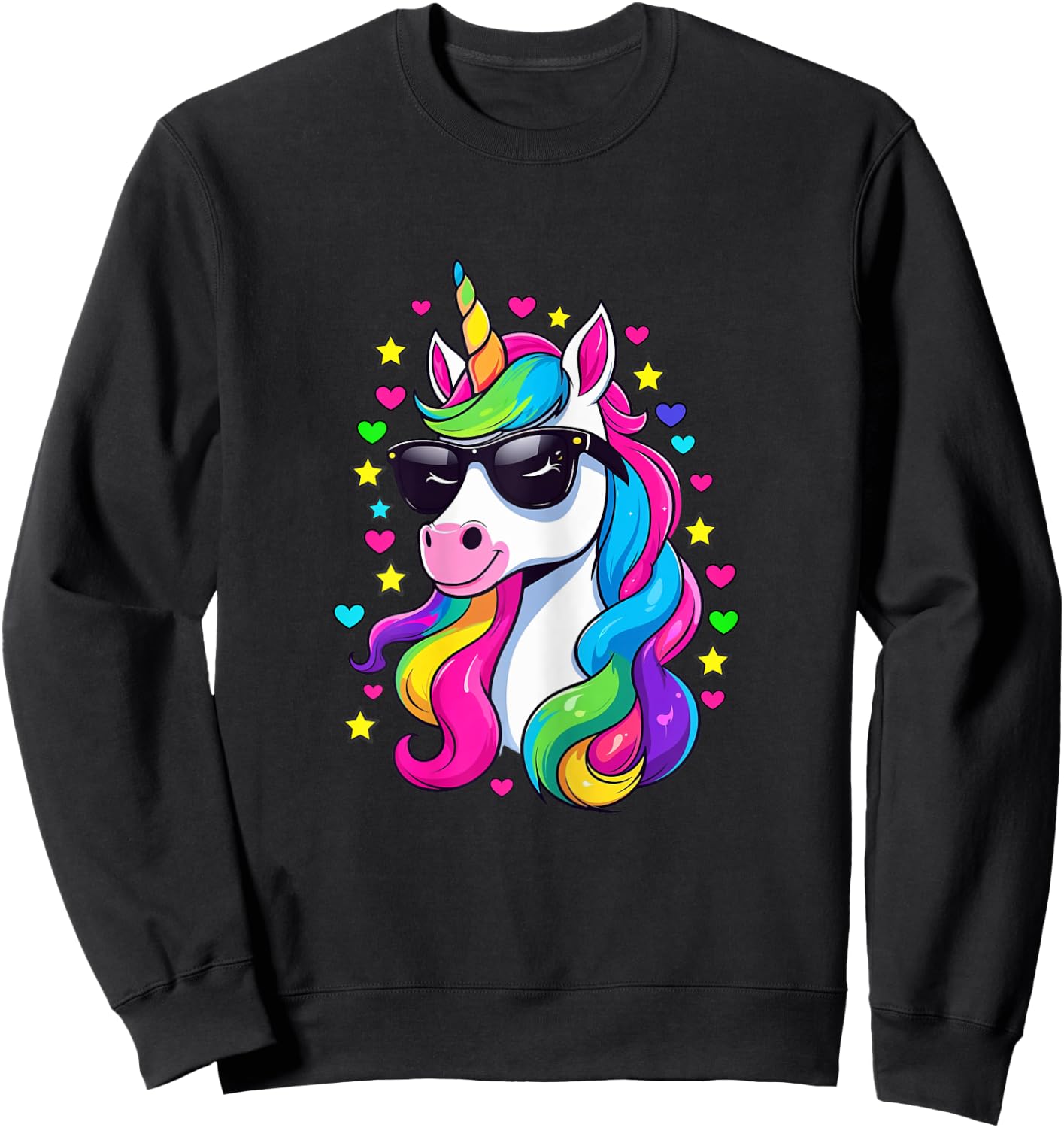 Colorful Unicorn Wearing Sunglasses Hearts and Stars Sweatshirt - Sweatshirt | Black