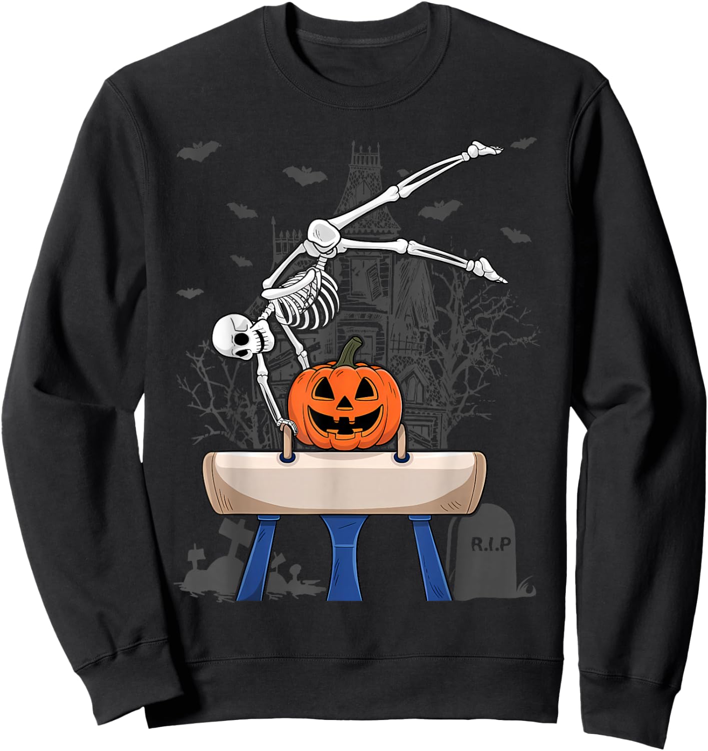 Skeleton Gymnastics Halloween Pumpkin Horizontal Bar Sweatshirt - Sweatshirt | Black