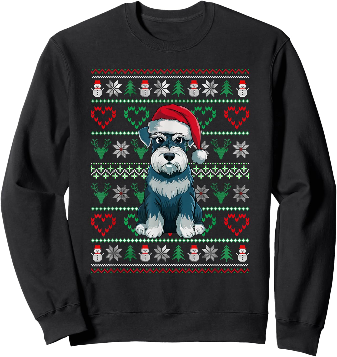 Ugly Christmas Schnauzer Dog Wearing Santa Hat Xmas Pajama Sweatshirt - Sweatshirt | Black