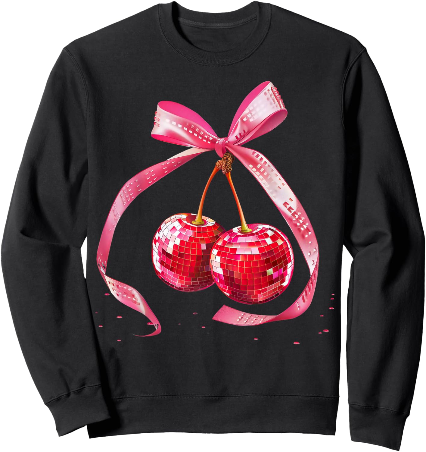 Coquette Preppy Pink Bow Cherry Disco Ball Y2K Aesthetic , black, S Sweatshirt - Sweatshirt | Black