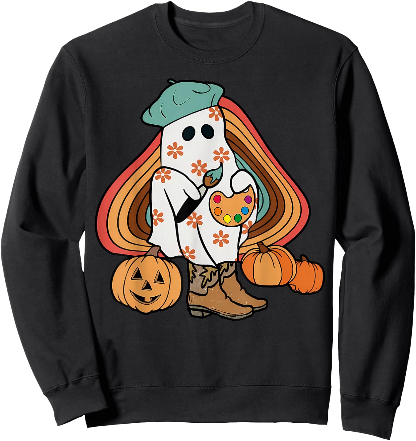 Art Teacher Painting Brushes Retro Pumpkin Ghost Artist Sweatshirt - Sweatshirt | Black