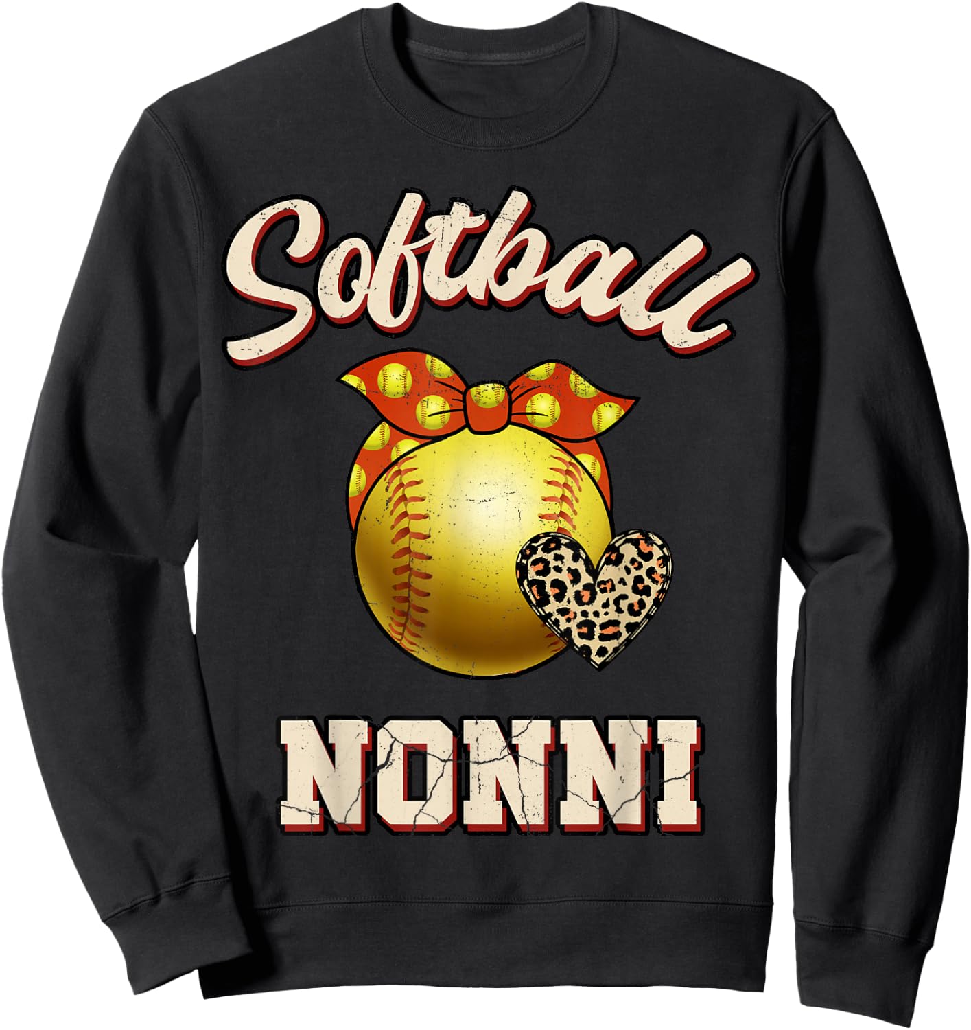 Softball Nonni Leopard Heart Fans Mother's Day Gift Sweatshirt - Sweatshirt | Black