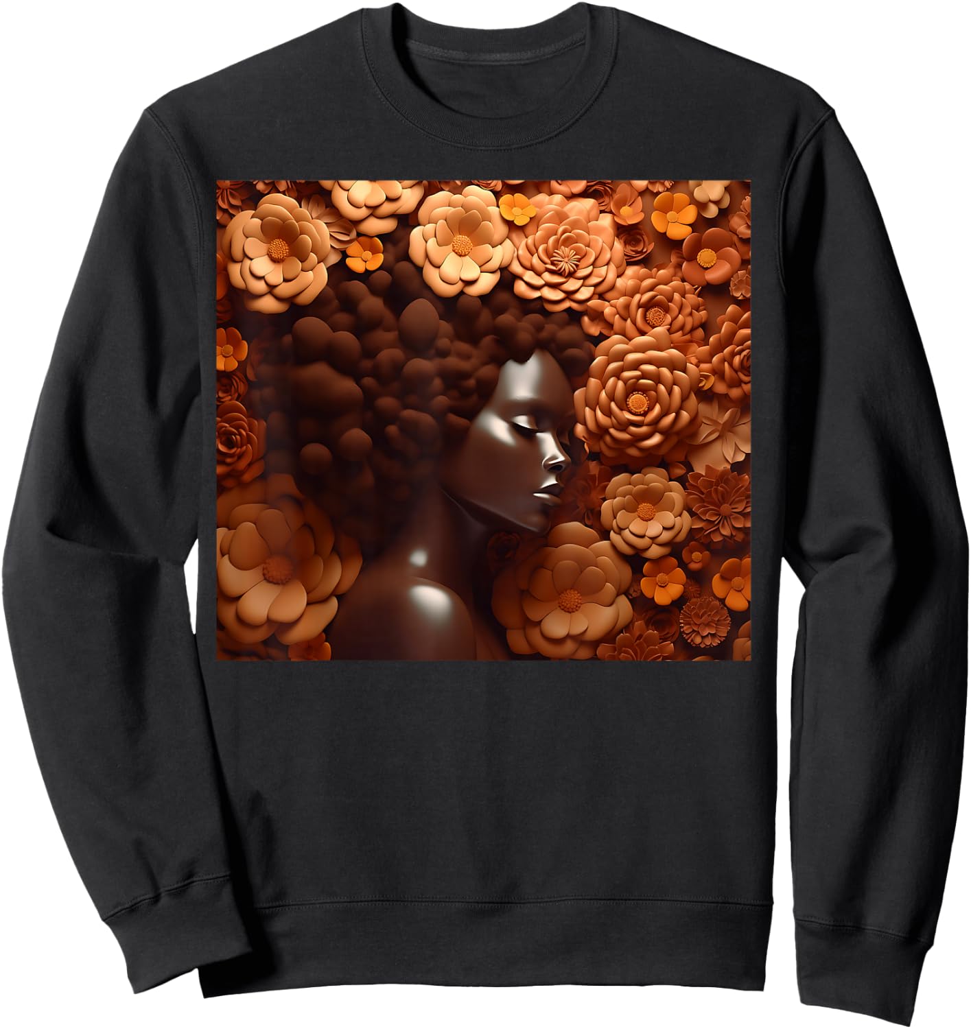 Afro Woman Floral Black Queen Puff Art Melanin Magic Orange Sweatshirt - Sweatshirt | Black