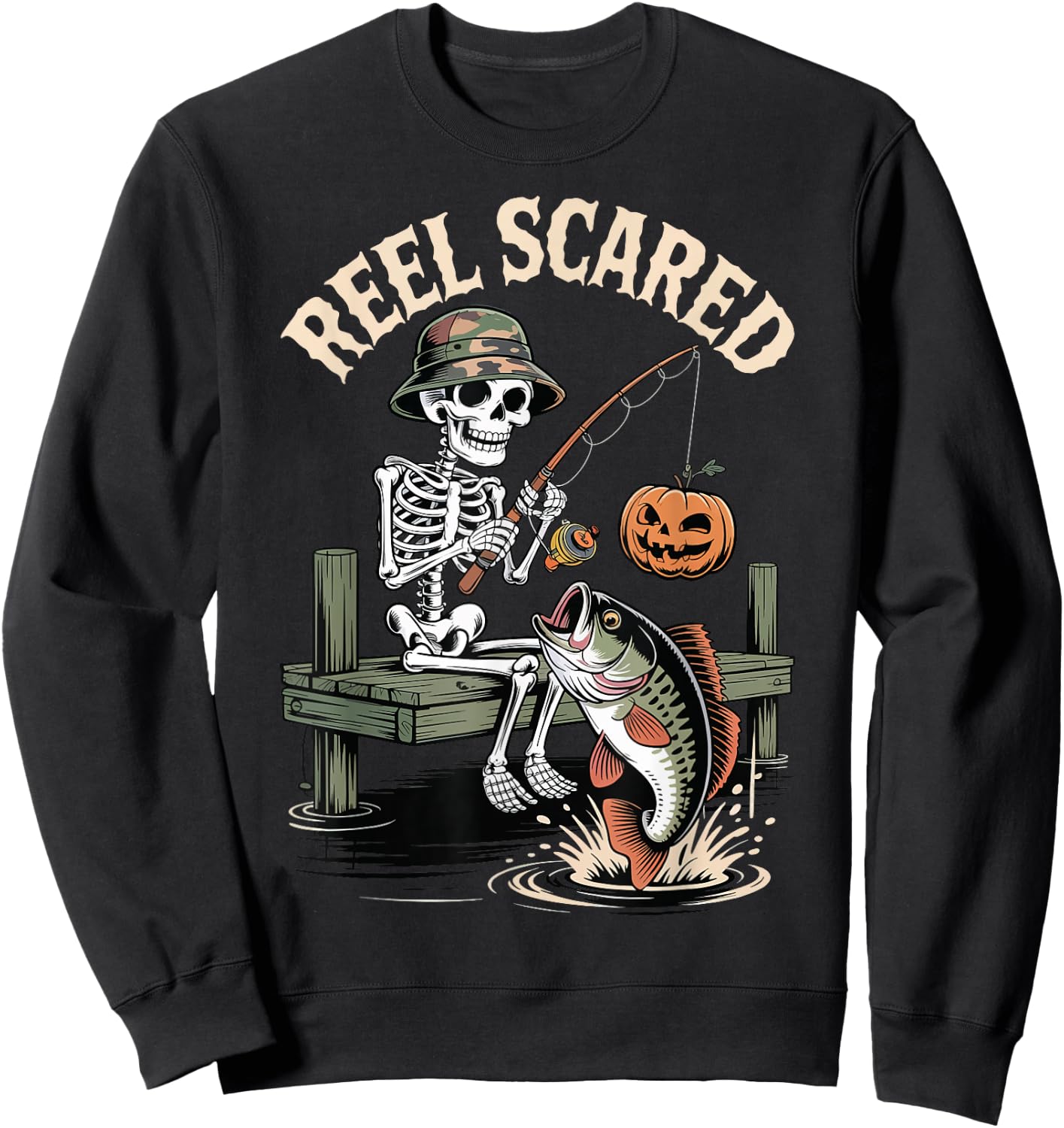 Reel Scared Funny Fishing Halloween Sweatshirt - Sweatshirt | Black