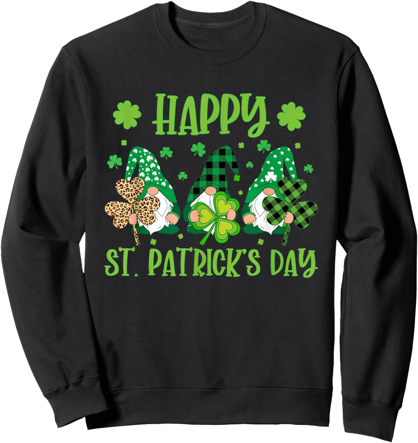 Gnomes Holding Shamrock Green Plaid Leopard St Patrick's Day Sweatshirt - Sweatshirt | Black