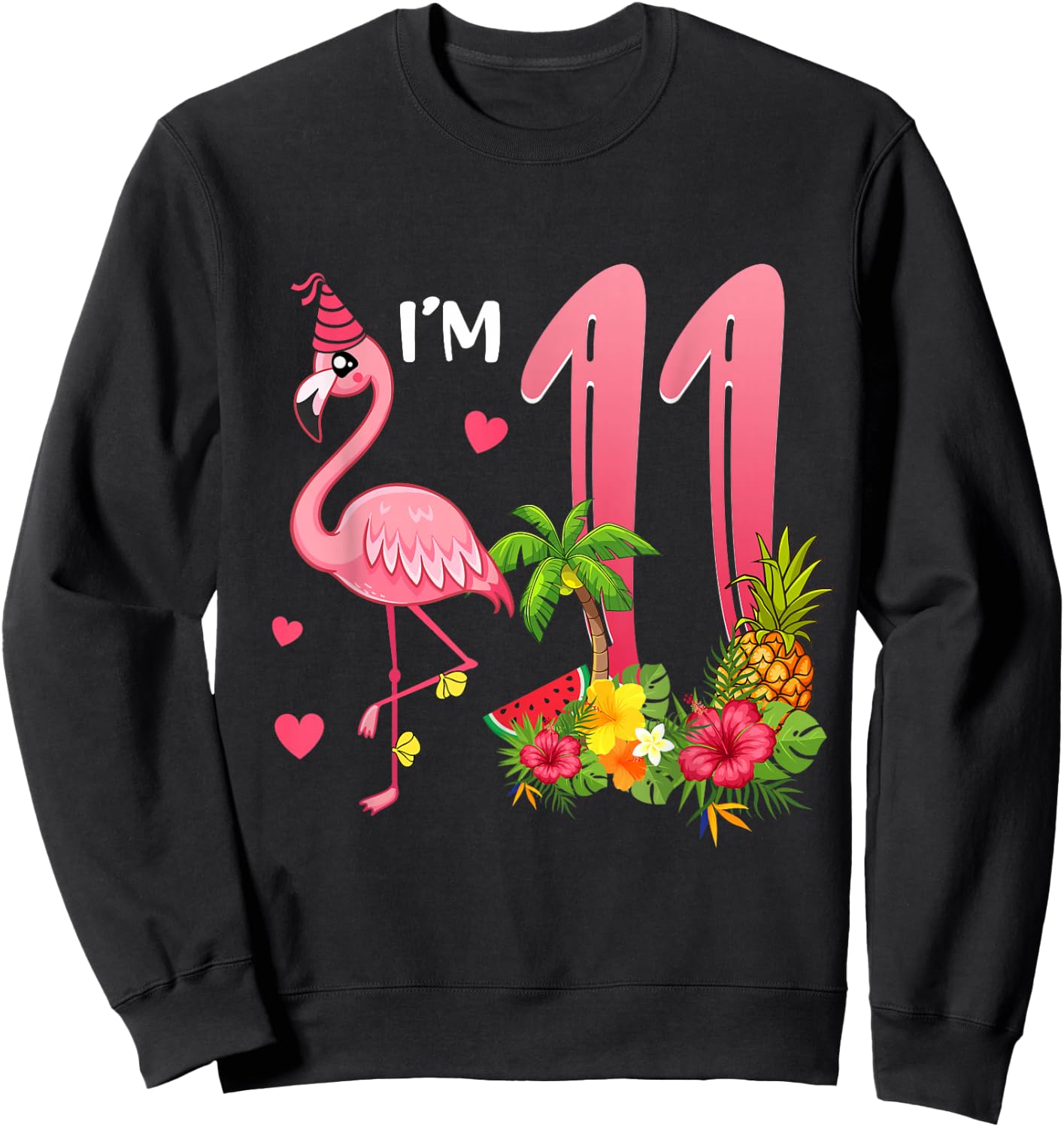 I'm 11 Year Old Flamingo Tropical Theme 11th Birthday Girl Sweatshirt - Sweatshirt | Black