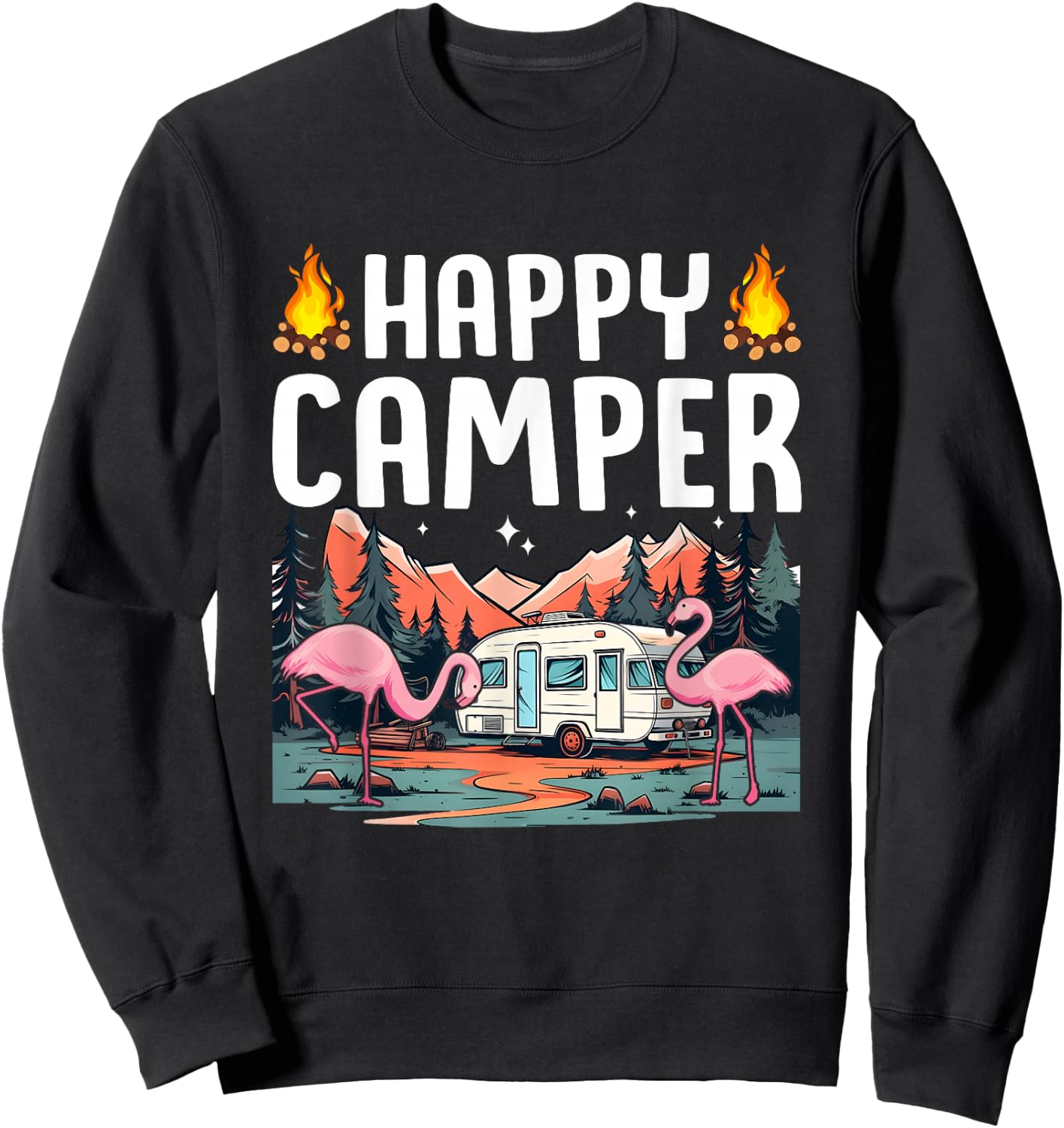 Happy Camping Flamingo Tropical Summer Vacation Camper Sweatshirt - Sweatshirt | Black