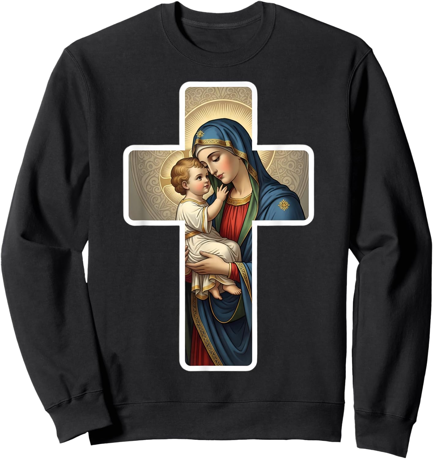 Saint Mary with Baby Jesus Christ Santa Maria Cross Icon Sweatshirt - Sweatshirt | Black