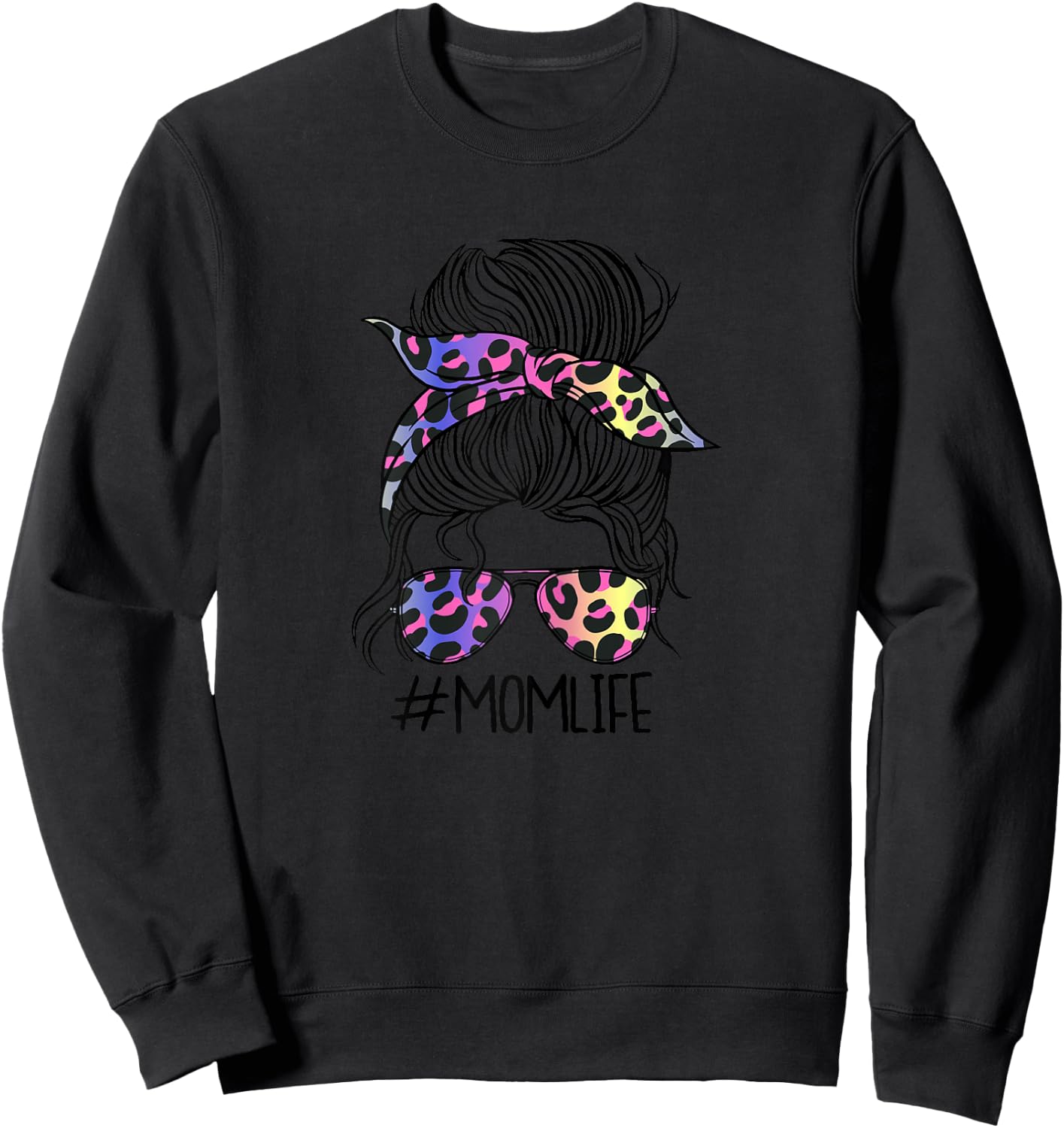 Women's #MOMLIFE Mom Life Leopard Print Rainbow , White, s Sweatshirt - Sweatshirt | Black